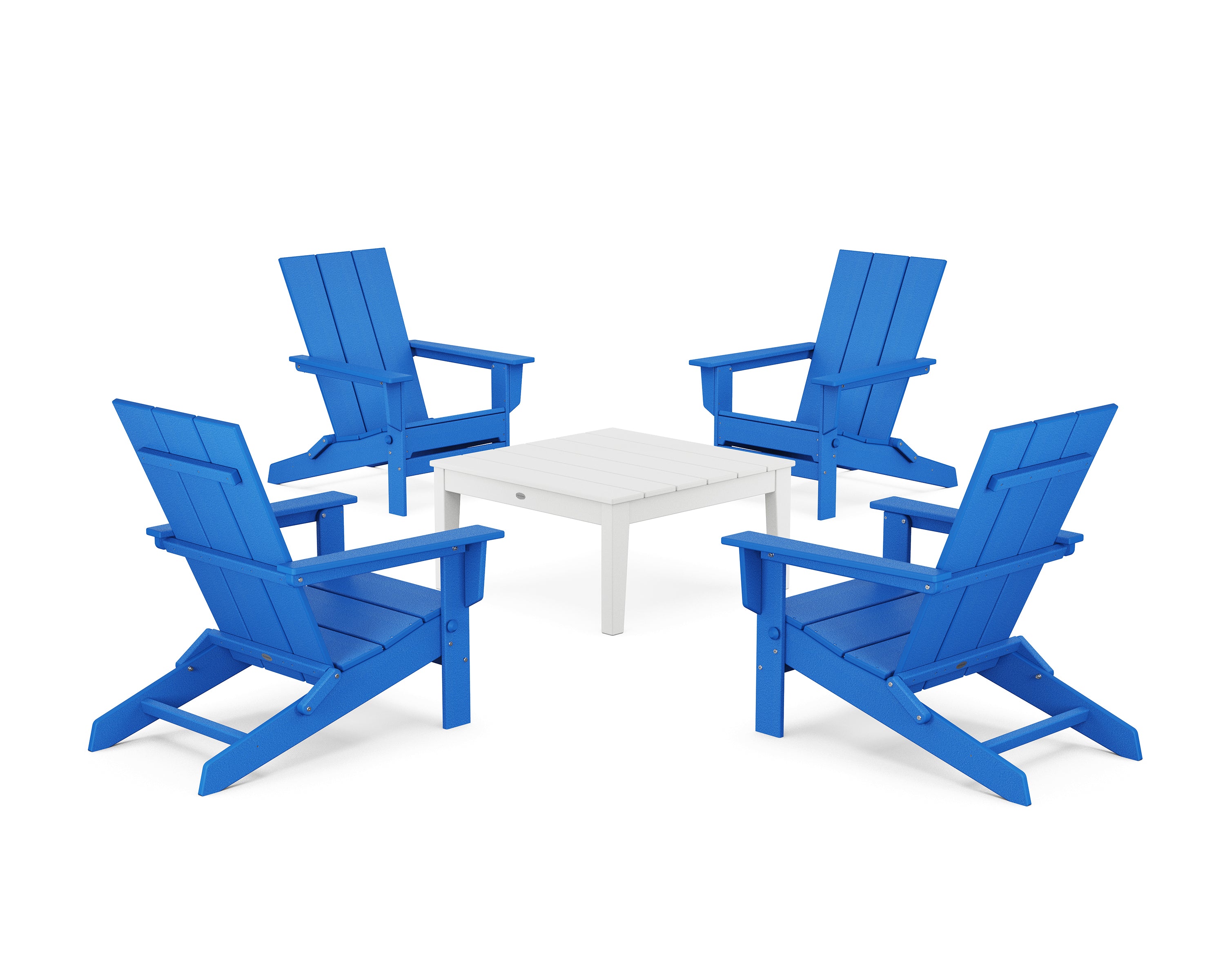 POLYWOOD® 5-Piece Modern Studio Folding Adirondack Chair Conversation Group in Pacific Blue / White
