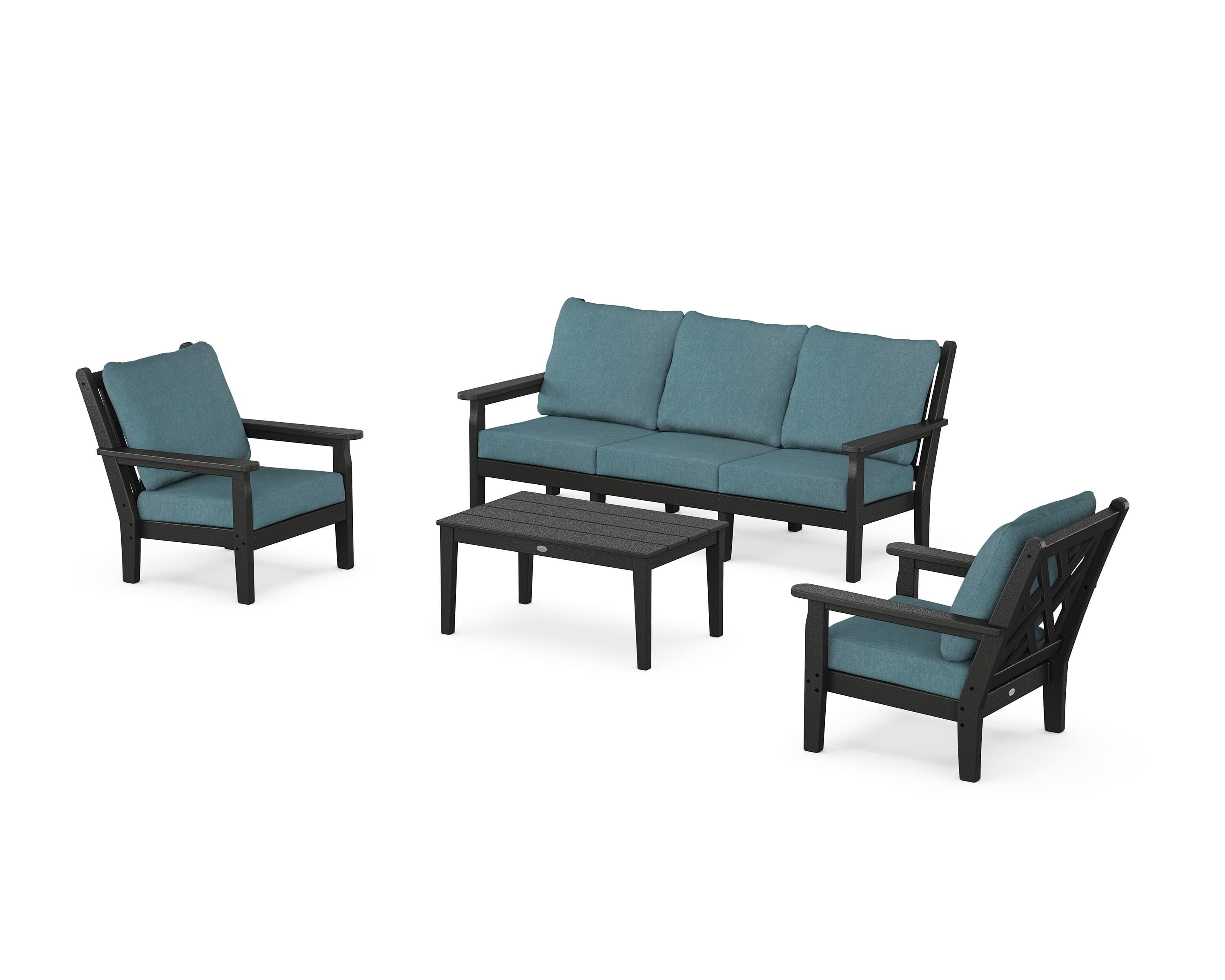 POLYWOOD Chippendale 4-Piece Deep Seating Set with Sofa in Black / Ocean Teal