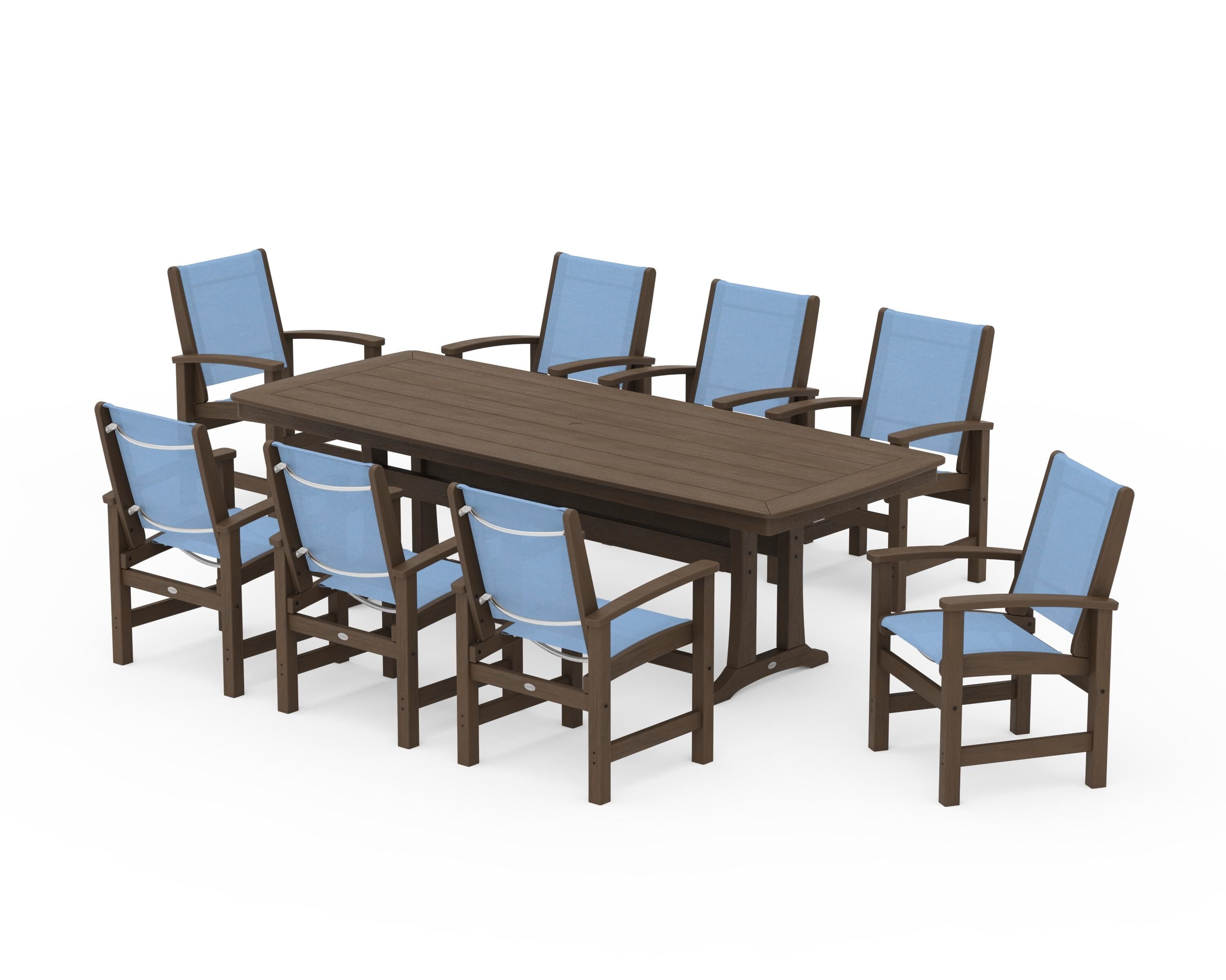 POLYWOOD Coastal 9-Piece Dining Set with Trestle Legs in Kona / Poolside Sling
