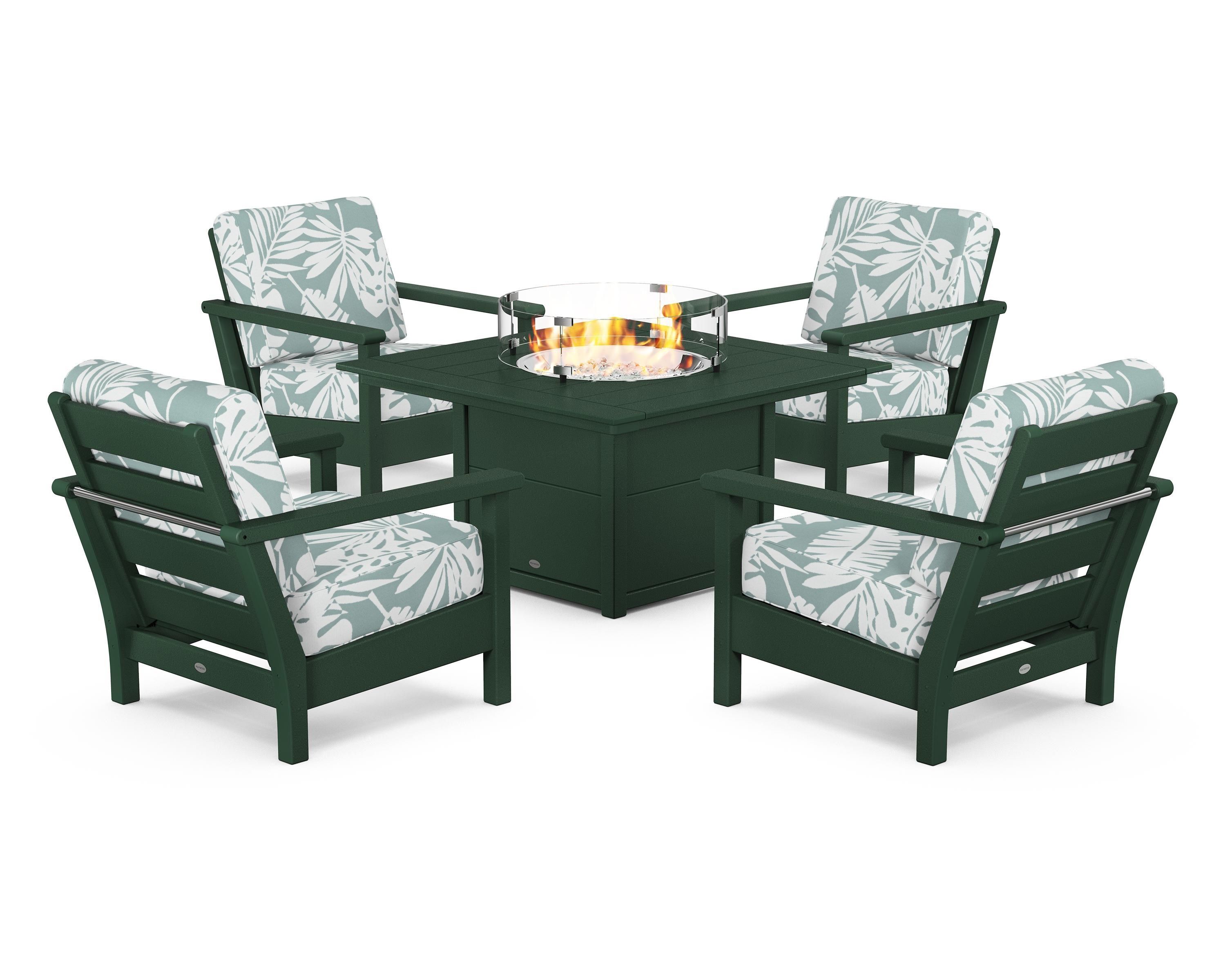 POLYWOOD Harbour 5-Piece Conversation Set with Fire Pit Table in Green / Leaf Glacier Spa