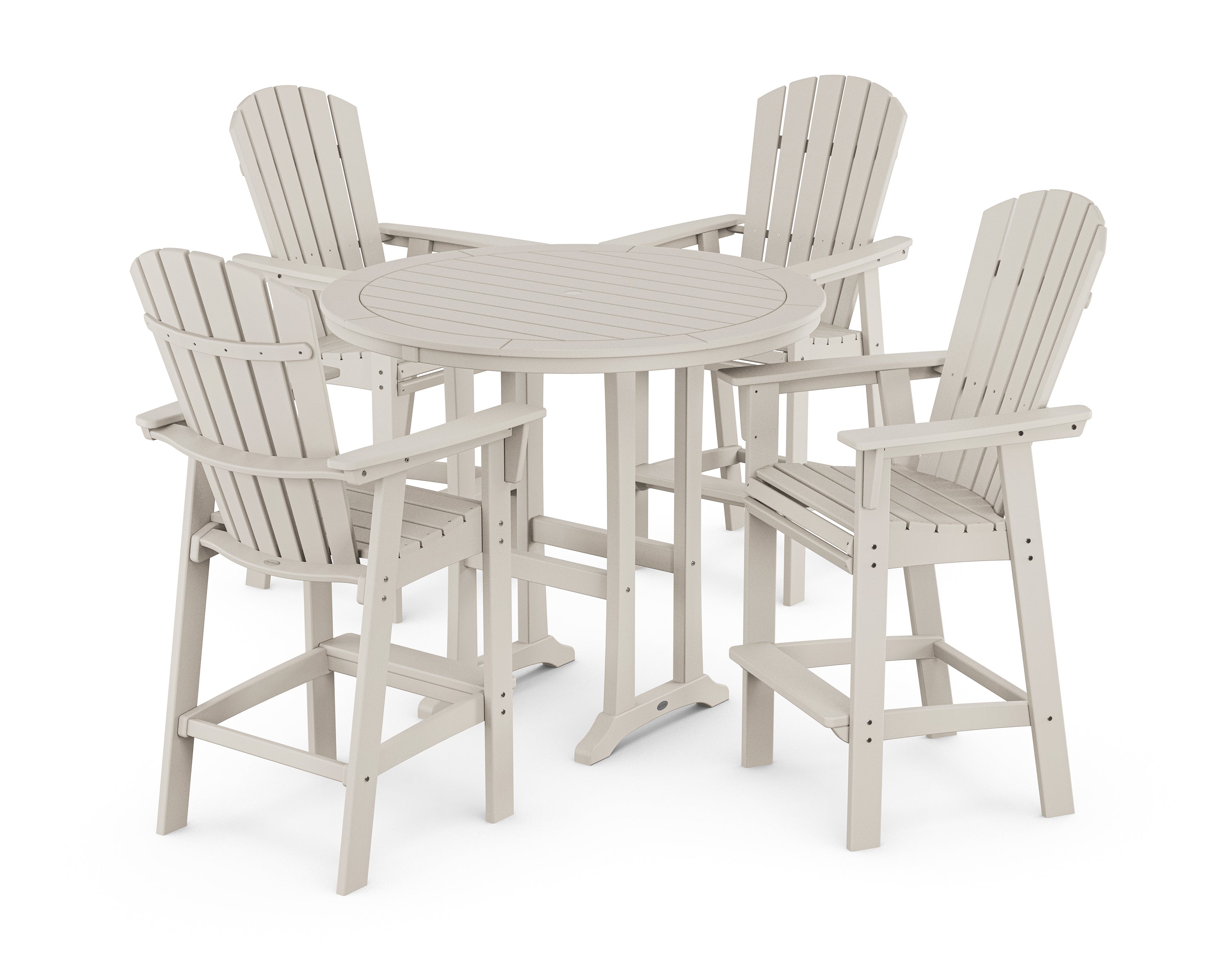 POLYWOOD® Nautical Curveback Adirondack 5-Piece Round Trestle Bar Set in Sand