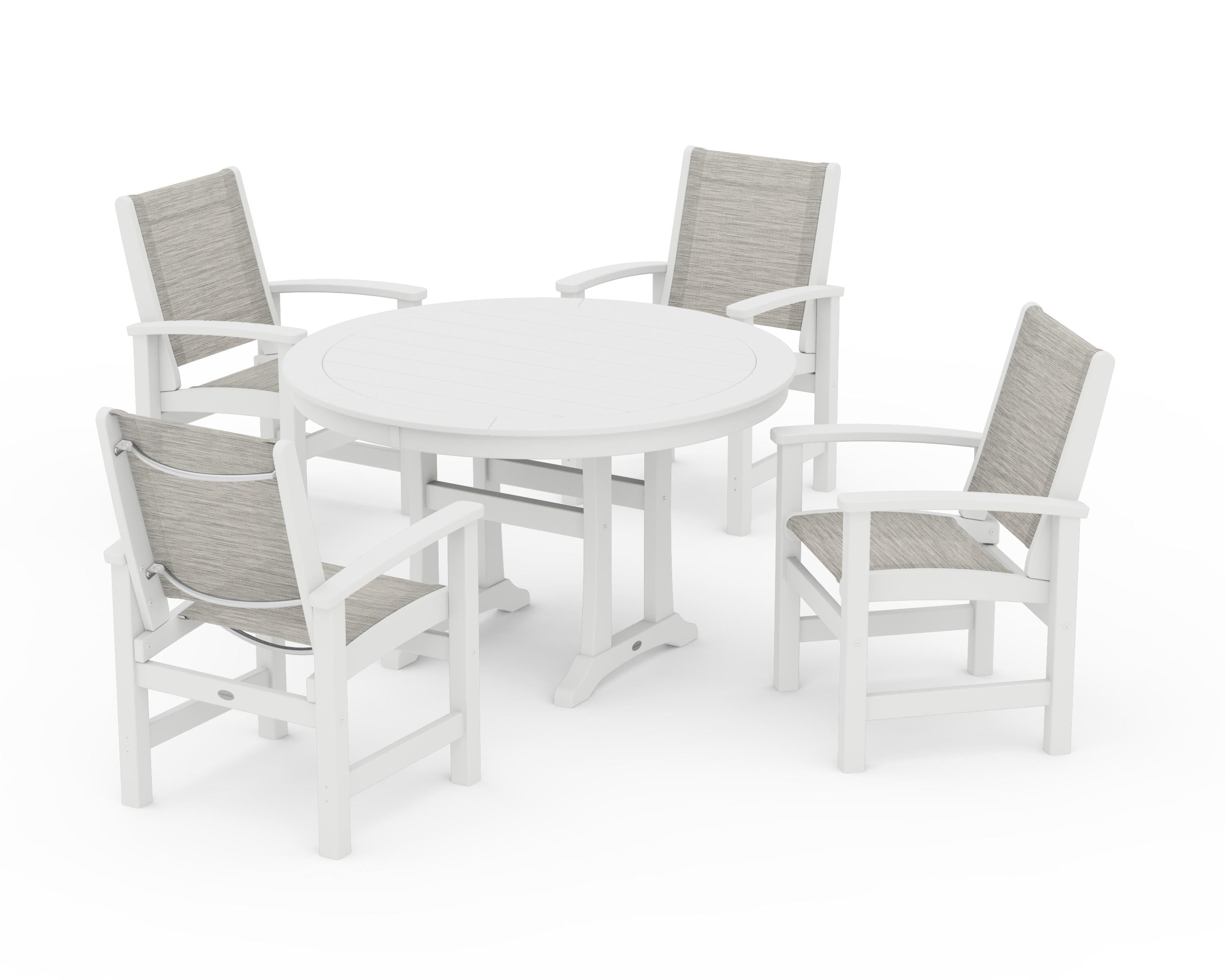 POLYWOOD Coastal 5-Piece Round Dining Set with Trestle Legs in White / Birch Sling