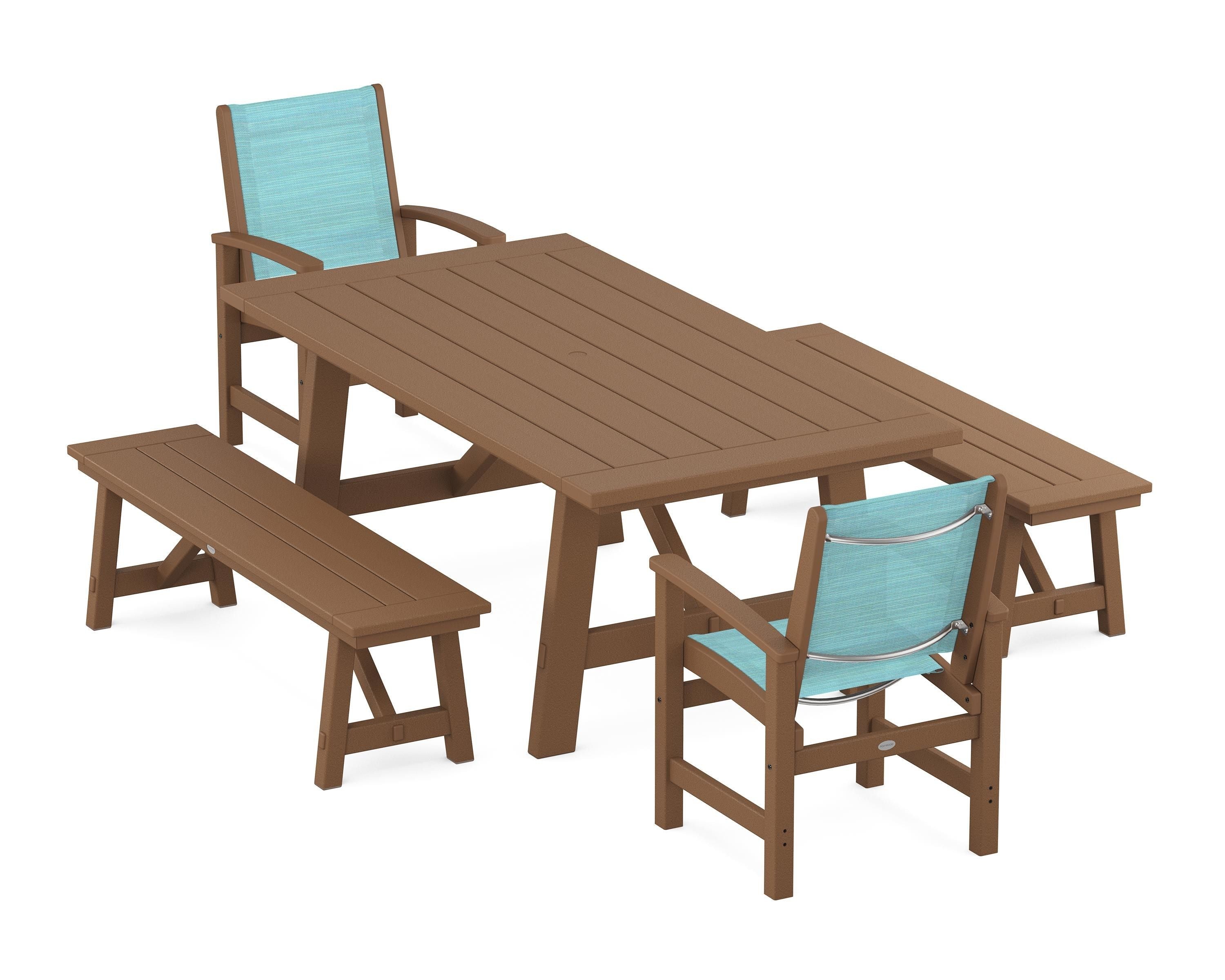 POLYWOOD Coastal 5-Piece Rustic Farmhouse Dining Set With Benches in Teak / Dupioni Aquamarine Sling
