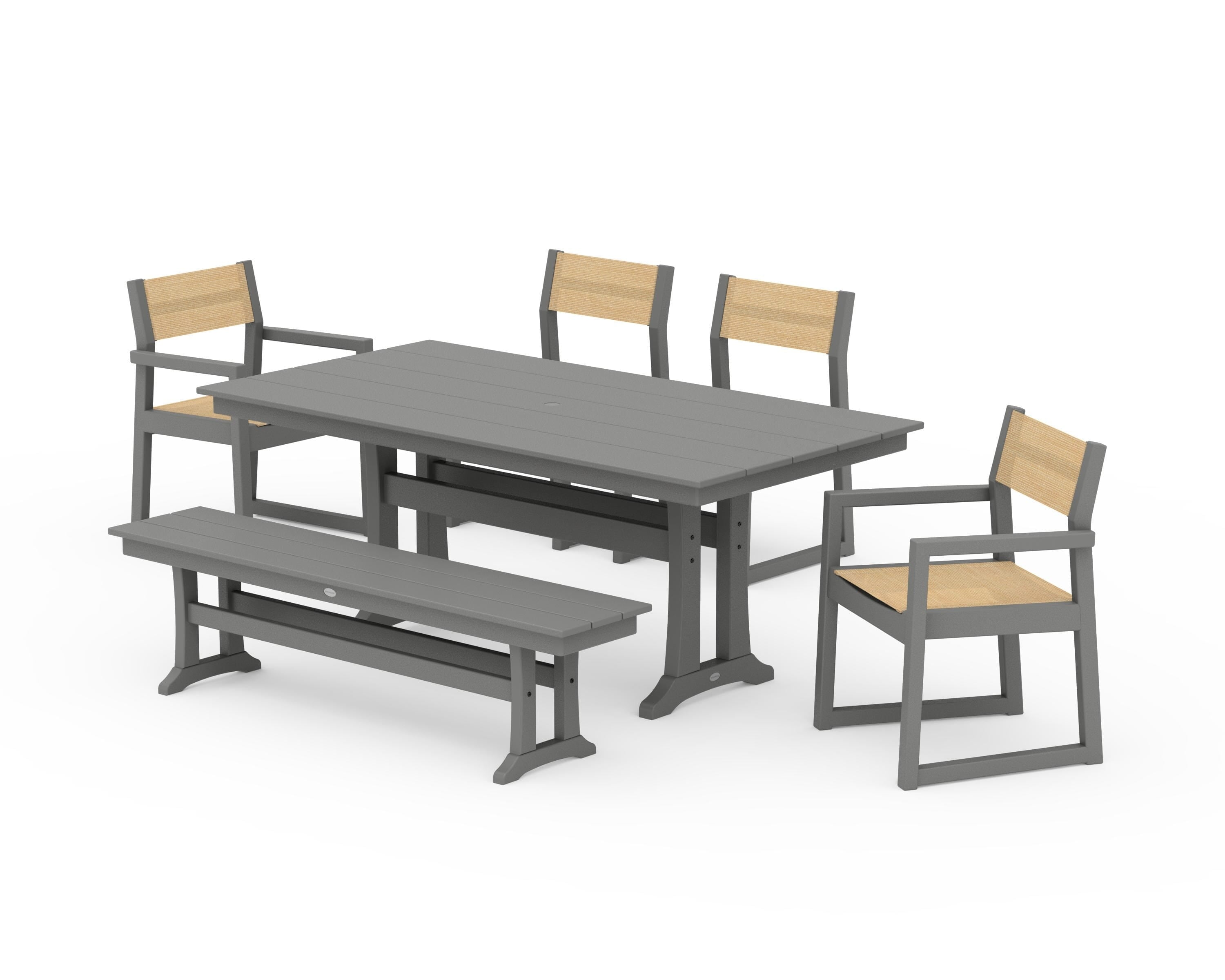 POLYWOOD EDGE Sling 6-Piece Farmhouse Dining Set With Trestle Legs in Slate Grey / Dupioni Apricot Sling