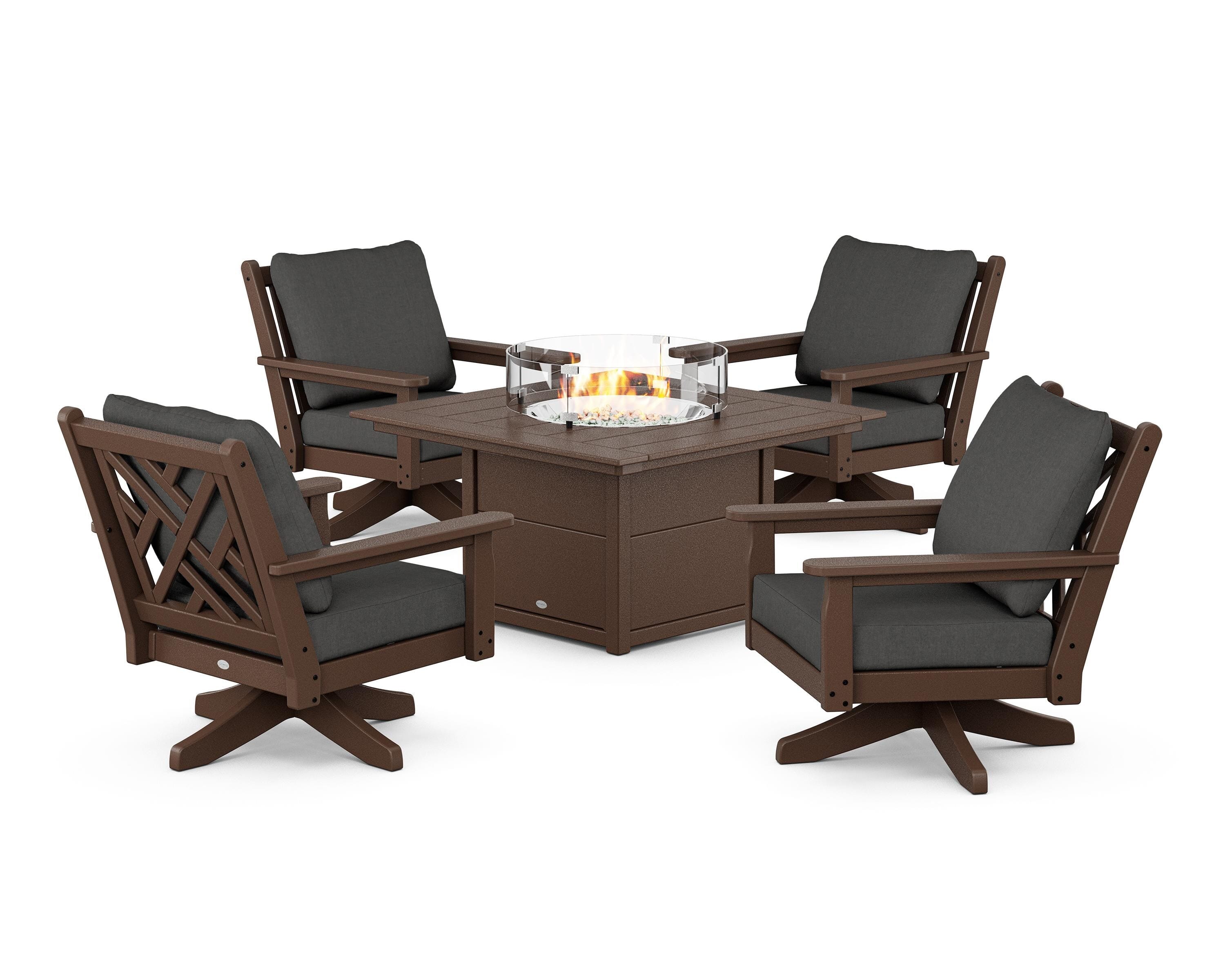 POLYWOOD Chippendale 5-Piece Deep Seating Swivel Conversation Set with Fire Pit Table in Mahogany / Spectrum Carbon