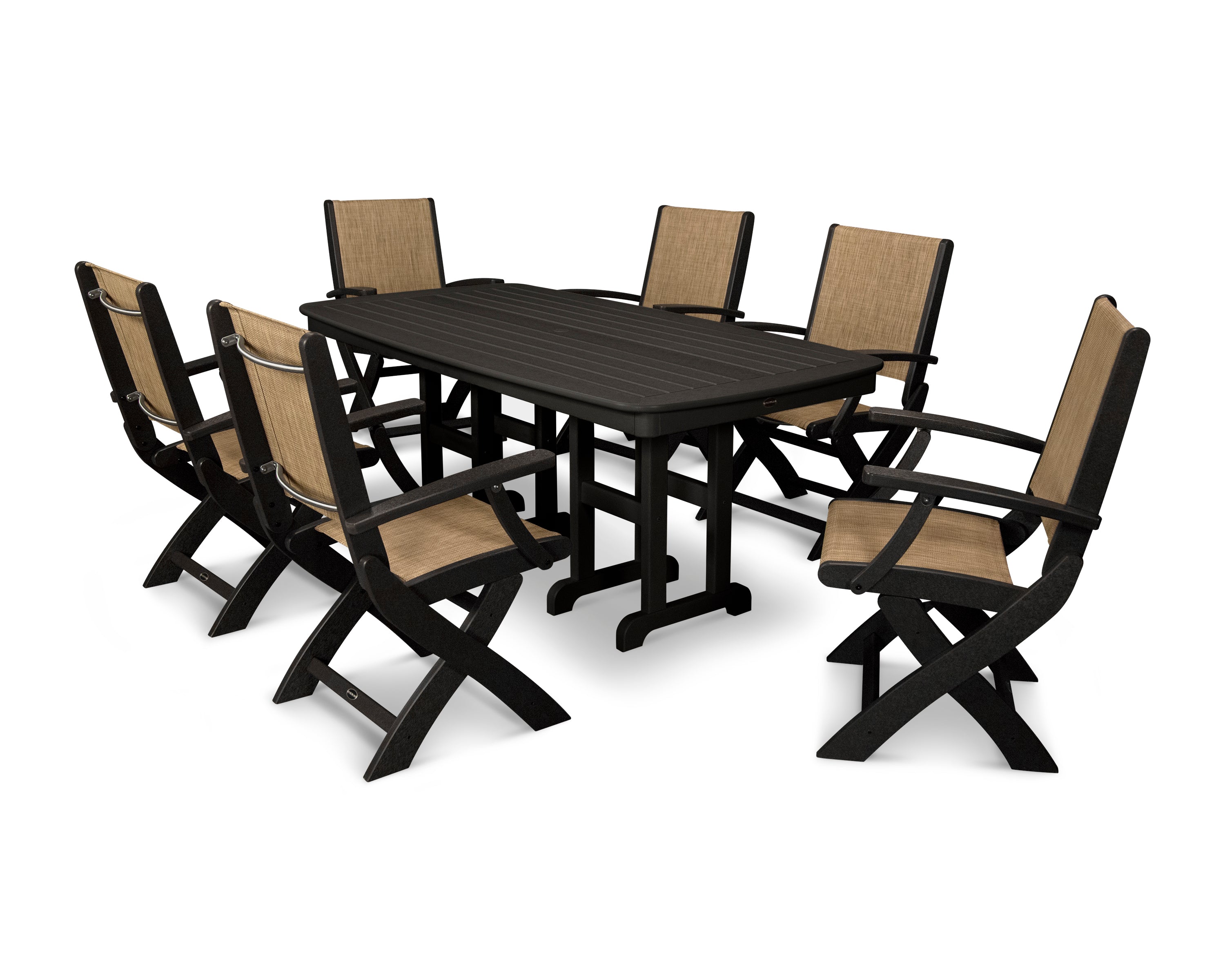 POLYWOOD Coastal Folding Arm Chair 7-Piece Dining Set in Black / Burlap Sling