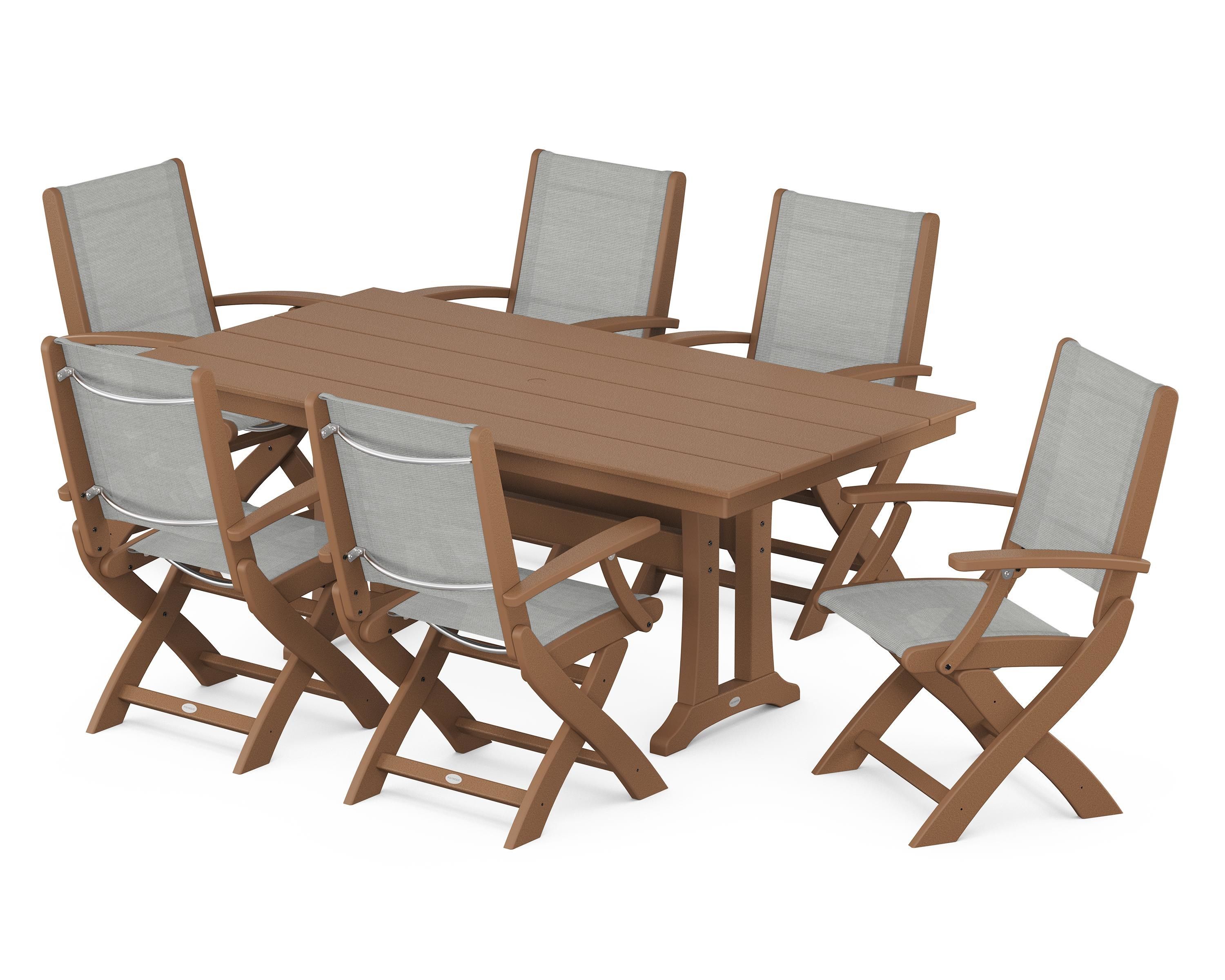 POLYWOOD Coastal Folding Arm Chair 7-Piece Farmhouse Dining Set with Trestle Legs in Teak / Metallic Sling