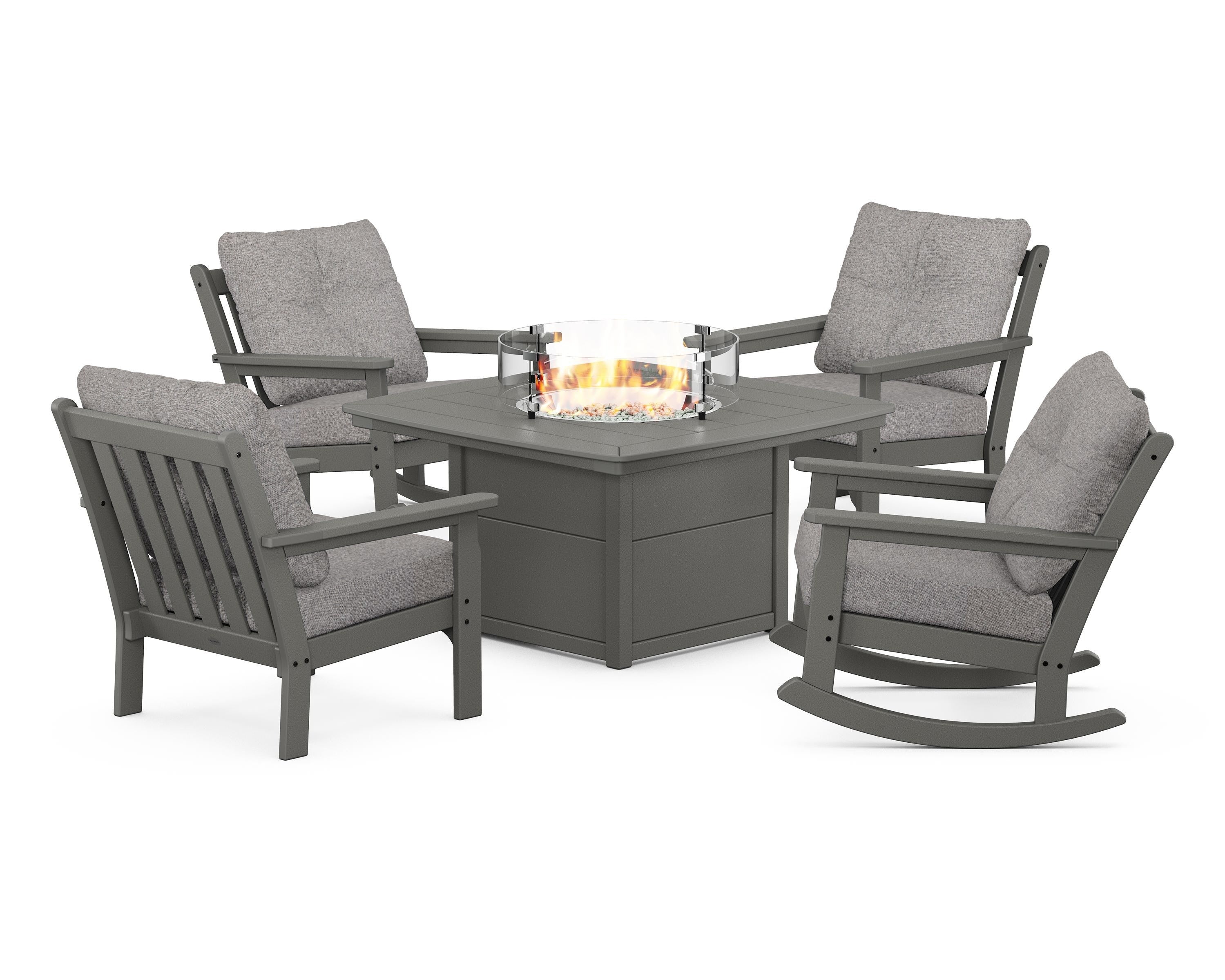 POLYWOOD Vineyard 5-Piece Deep Seating Rocking Chair Conversation Set with Fire Pit Table in Slate Grey / Grey Mist
