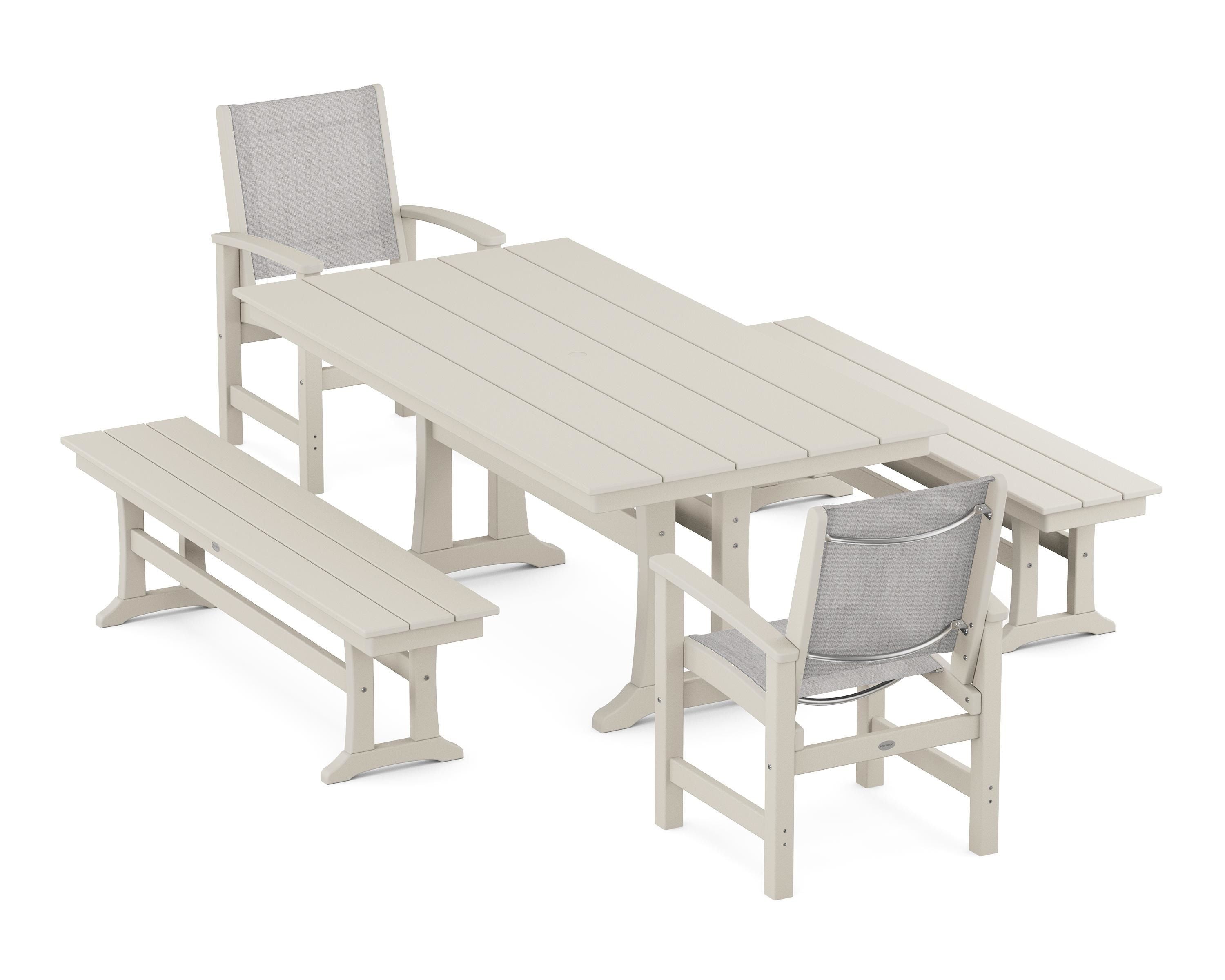 POLYWOOD Coastal 5-Piece Farmhouse Dining Set with Trestle Legs and Benches in Sand / Parchment Sling