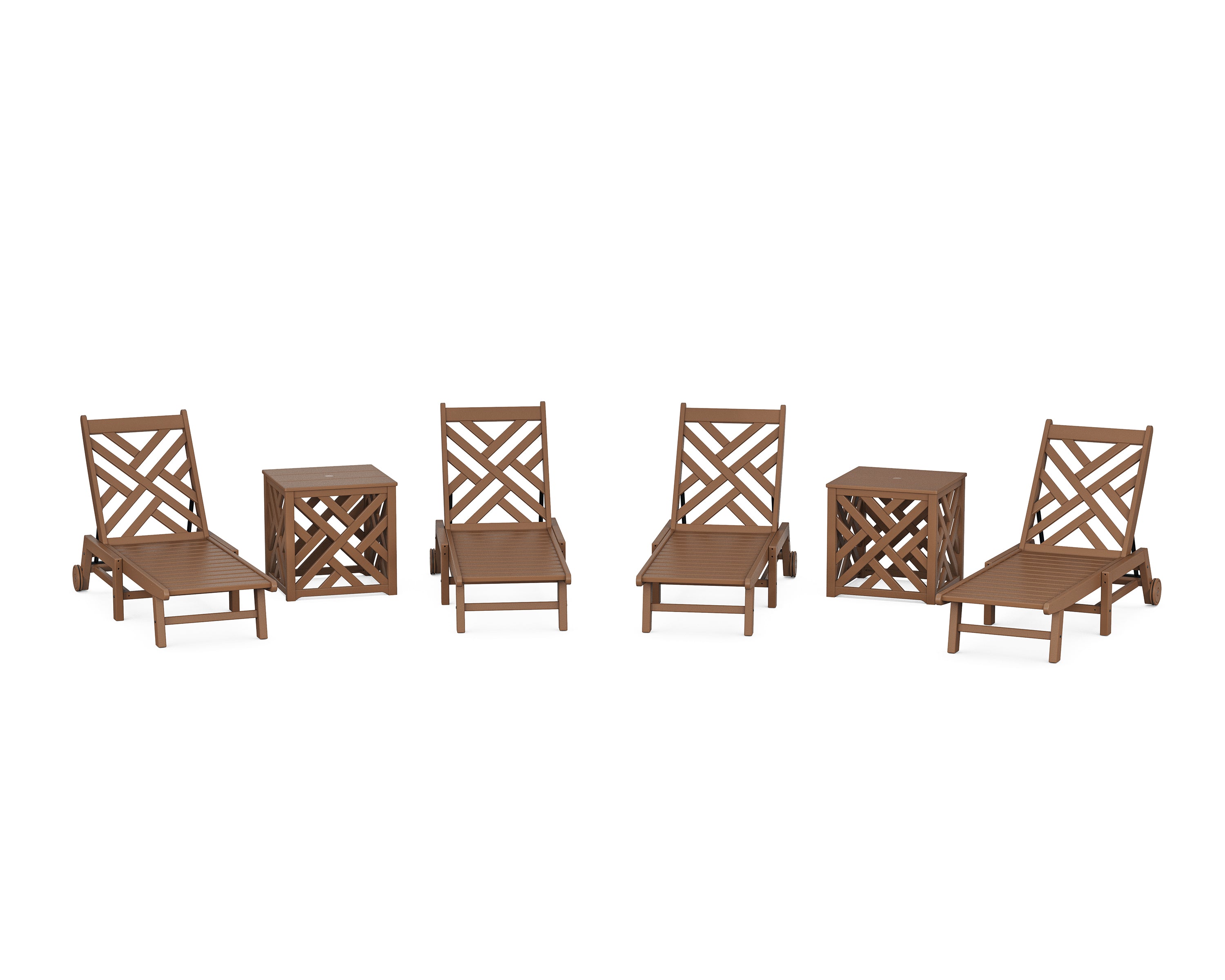 POLYWOOD Chippendale 6-Piece Chaise Set with Wheels and Umbrella Stand Accent Table in Teak