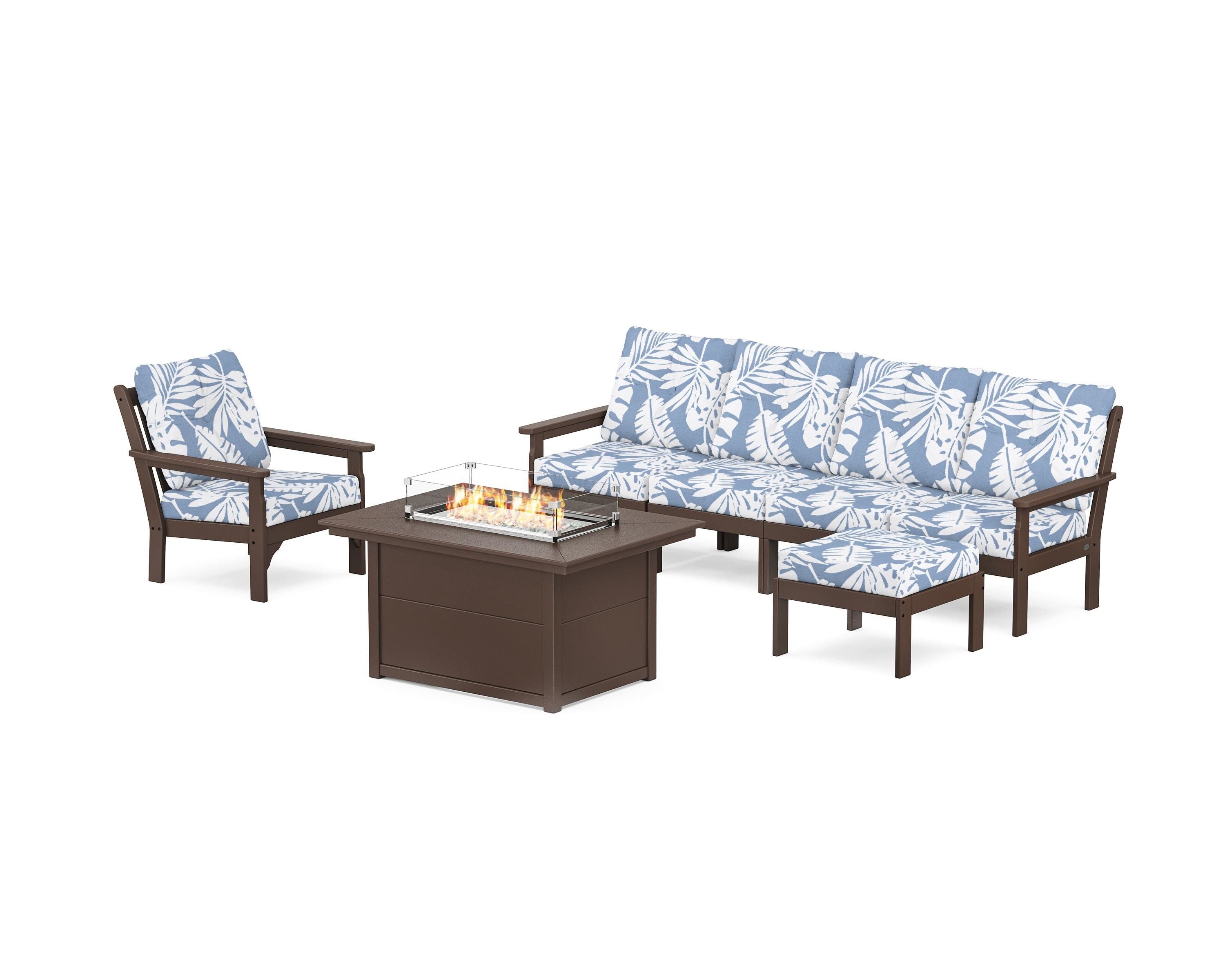 POLYWOOD Vineyard Sectional Lounge and Fire Pit Set in Mahogany / Leaf Sky Blue