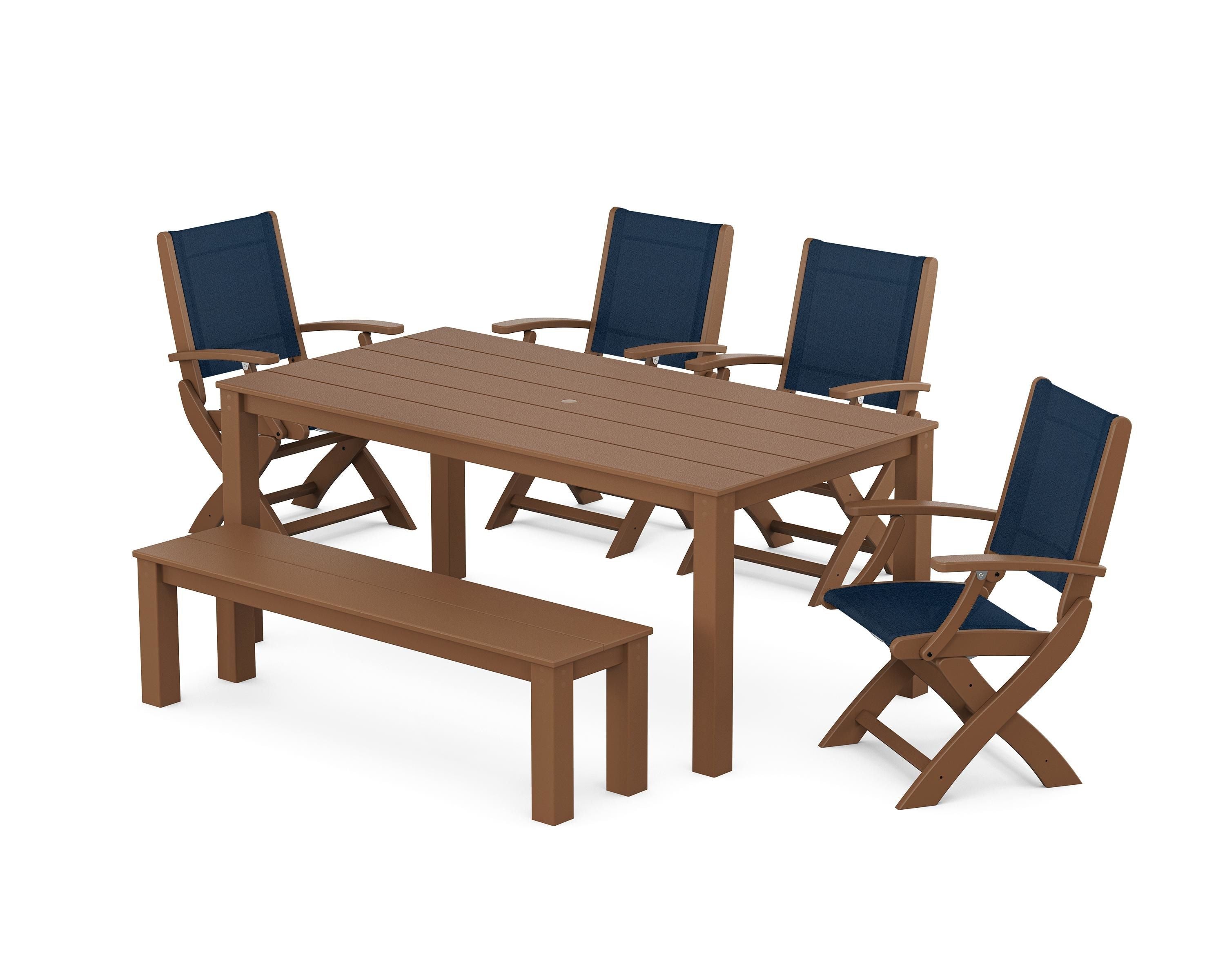 POLYWOOD Coastal Folding Chair 6-Piece Parsons Dining Set with Bench in Teak / Navy Blue Sling