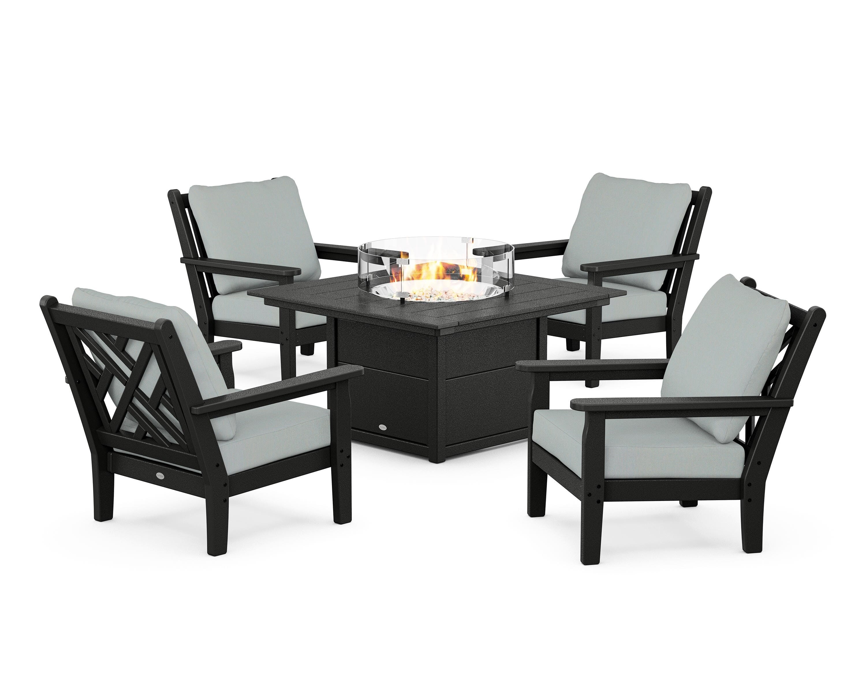 POLYWOOD Chippendale 5-Piece Deep Seating Set with Fire Pit Table in Black / Spa