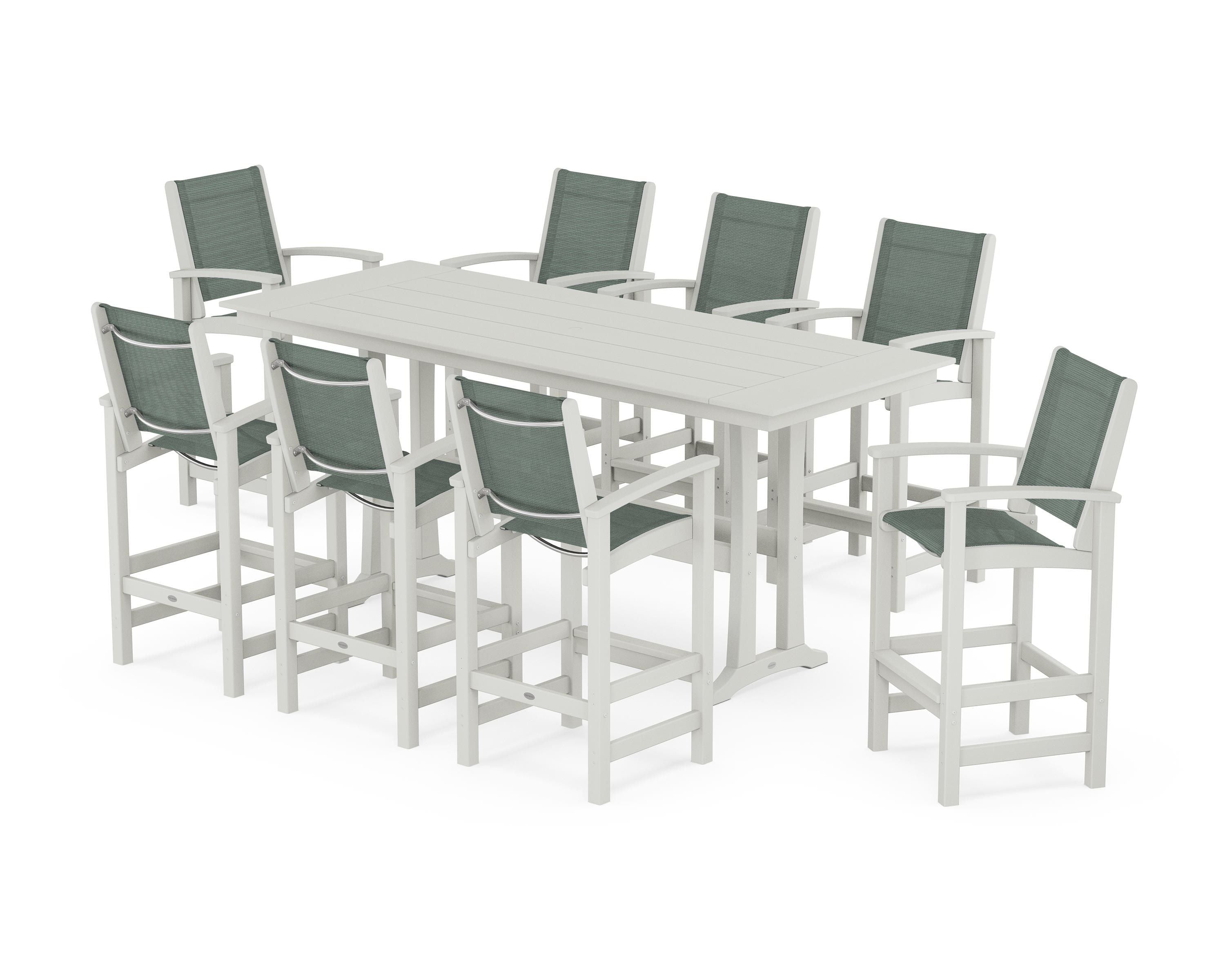 POLYWOOD Coastal 9-Piece Farmhouse Bar Set with Trestle Legs in Vintage White / Dupioni Sea Mist Sling