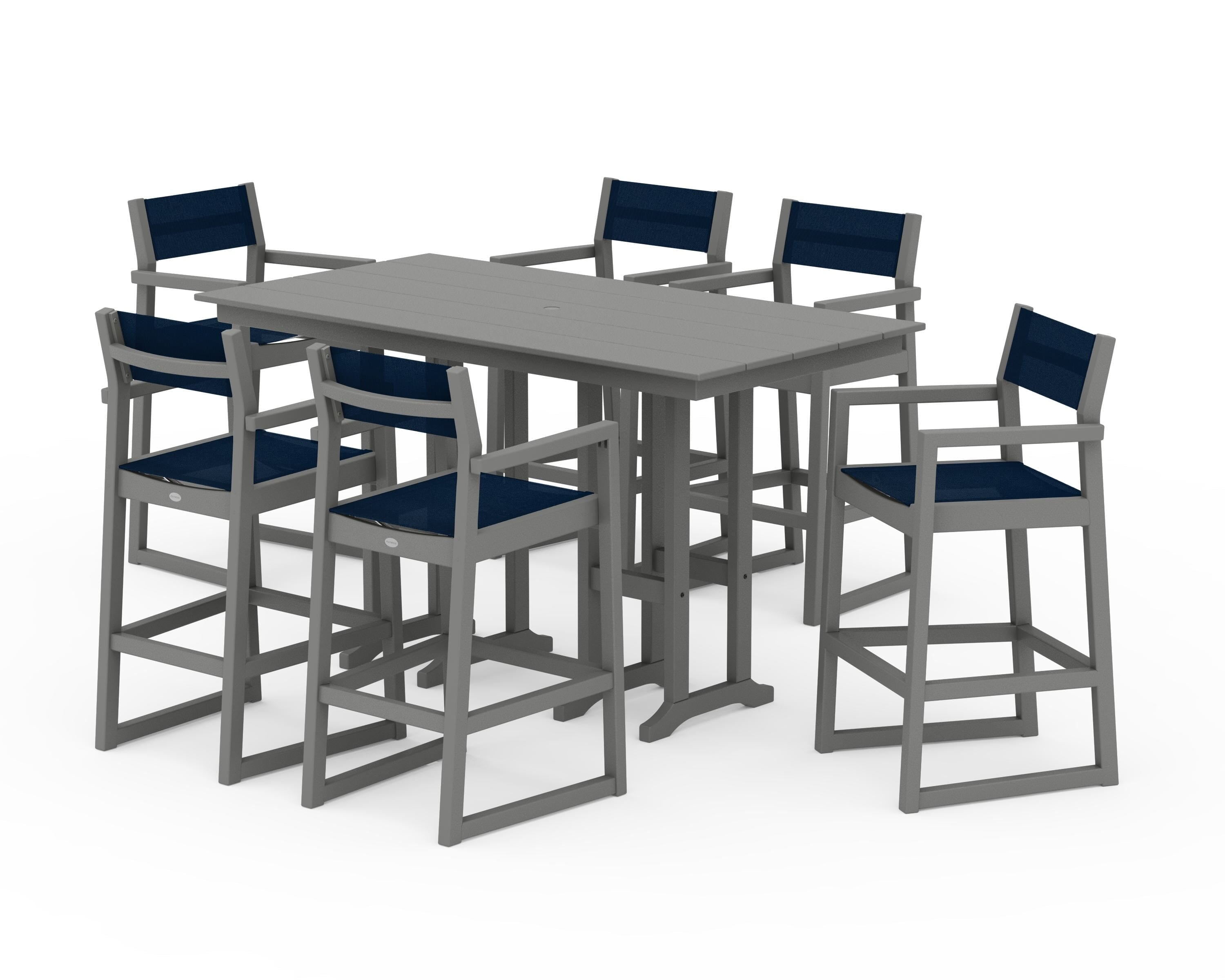 POLYWOOD EDGE Sling Arm Chair 7-Piece Farmhouse Bar Set in Slate Grey / Navy Blue Sling