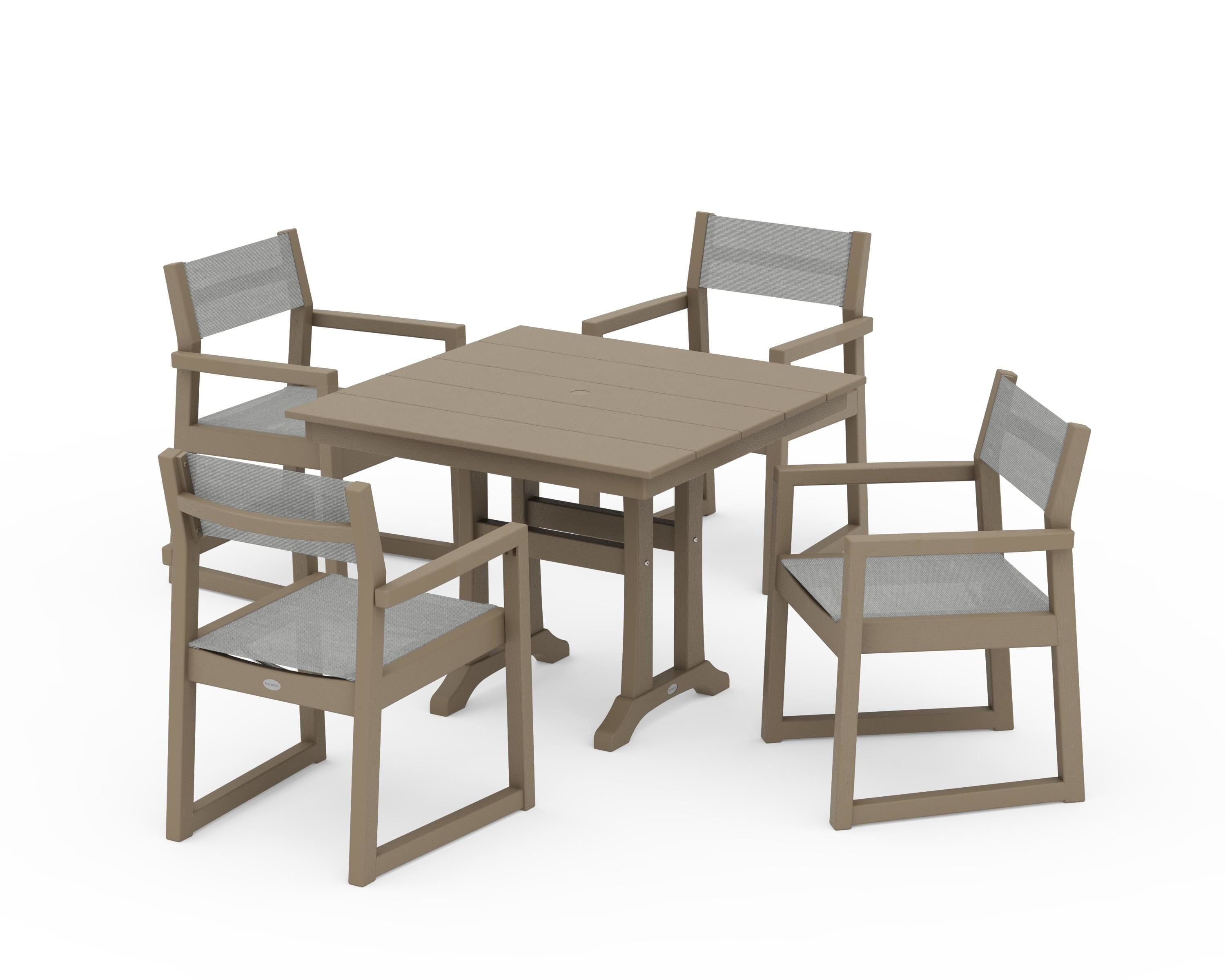 POLYWOOD EDGE Sling 5-Piece Farmhouse Dining Set with Trestle Legs in Vintage Sahara / Metallic Sling