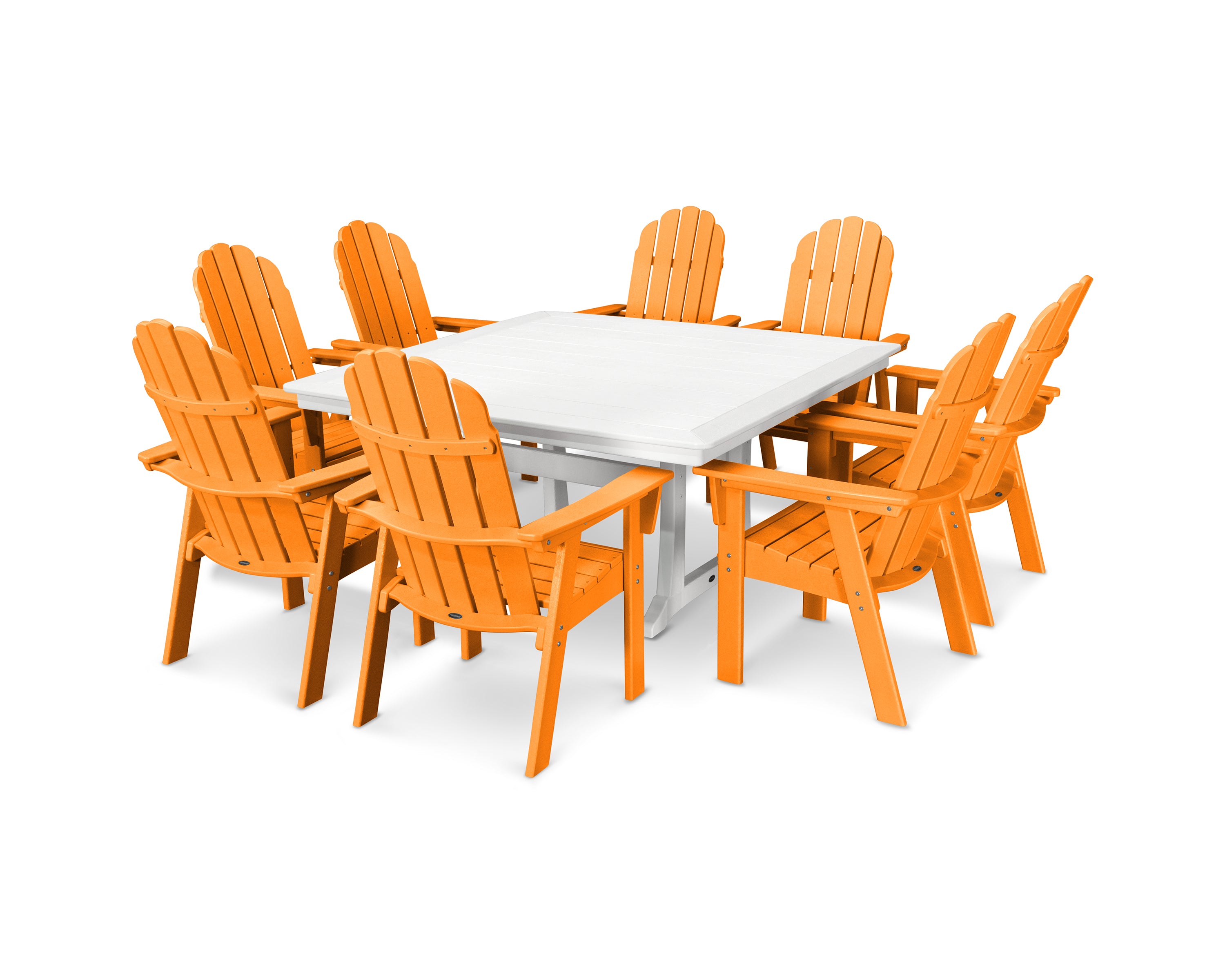 POLYWOOD® Vineyard Curveback Adirondack 9-Piece Nautical Trestle Dining Set in Tangerine / White