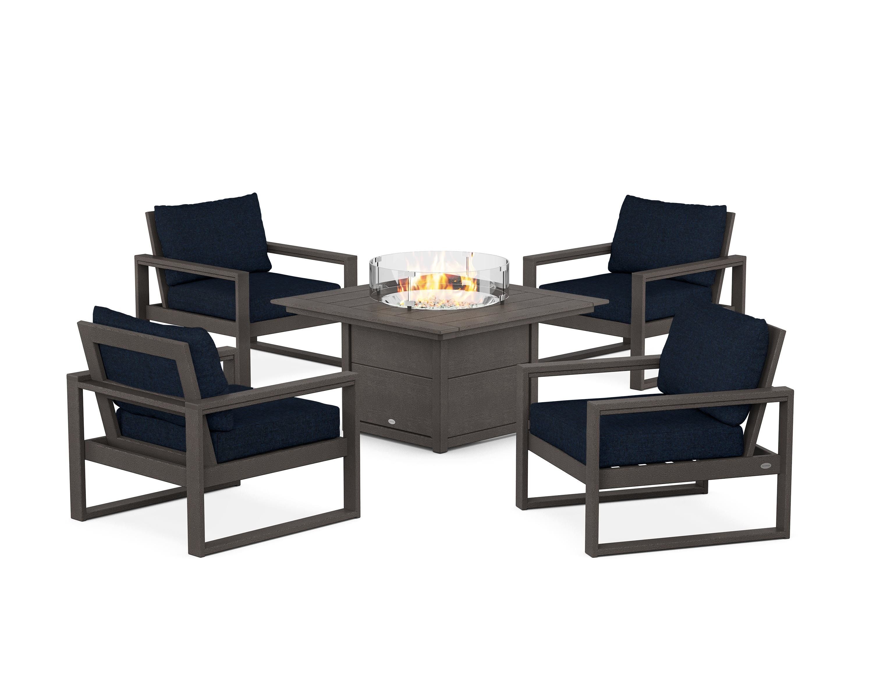 POLYWOOD EDGE Sectional 5-Piece Deep Seating Set with Fire Pit Table in Vintage Coffee / Marine Indigo