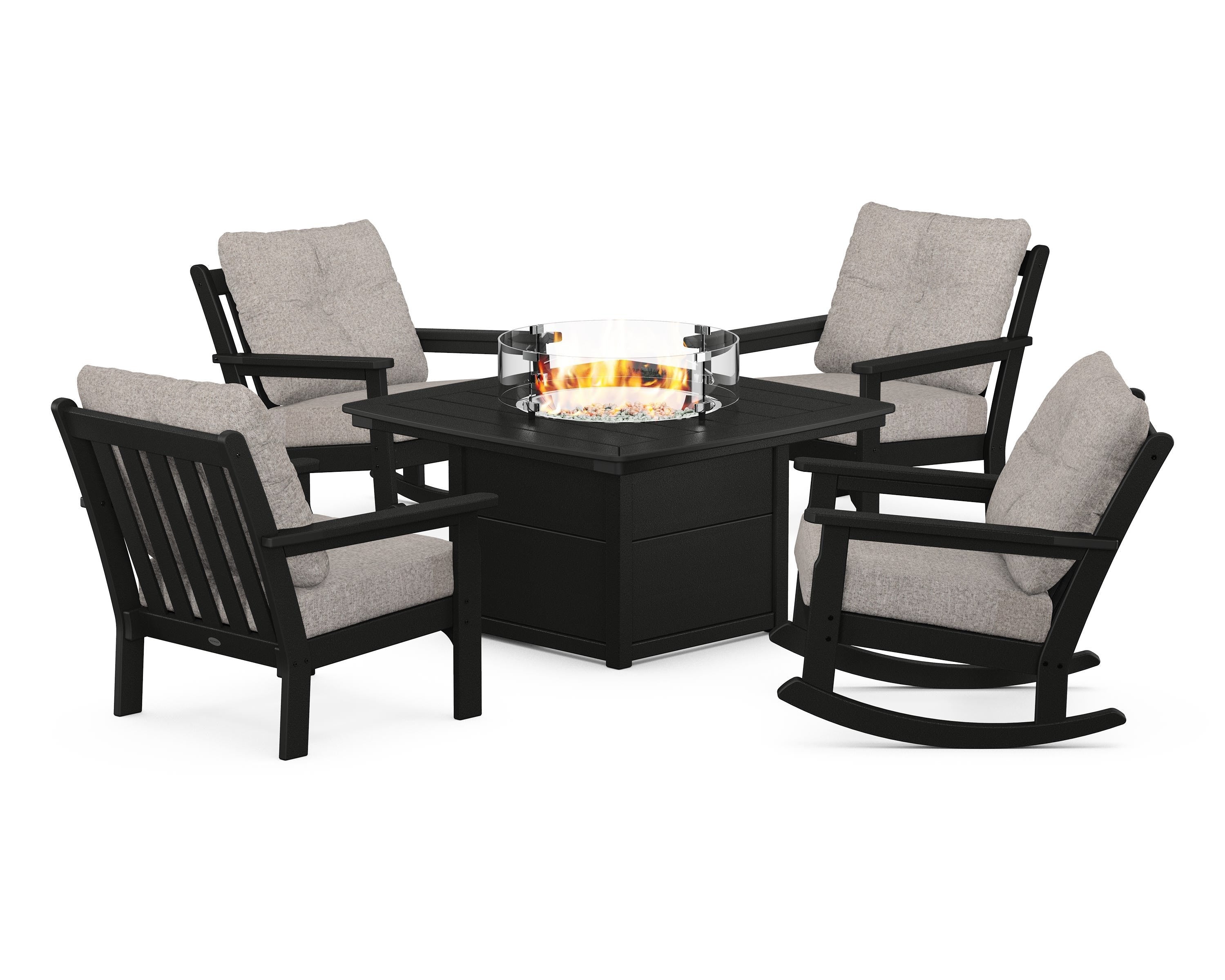 POLYWOOD Vineyard 5-Piece Deep Seating Rocking Chair Conversation Set with Fire Pit Table in Black / Weathered Tweed