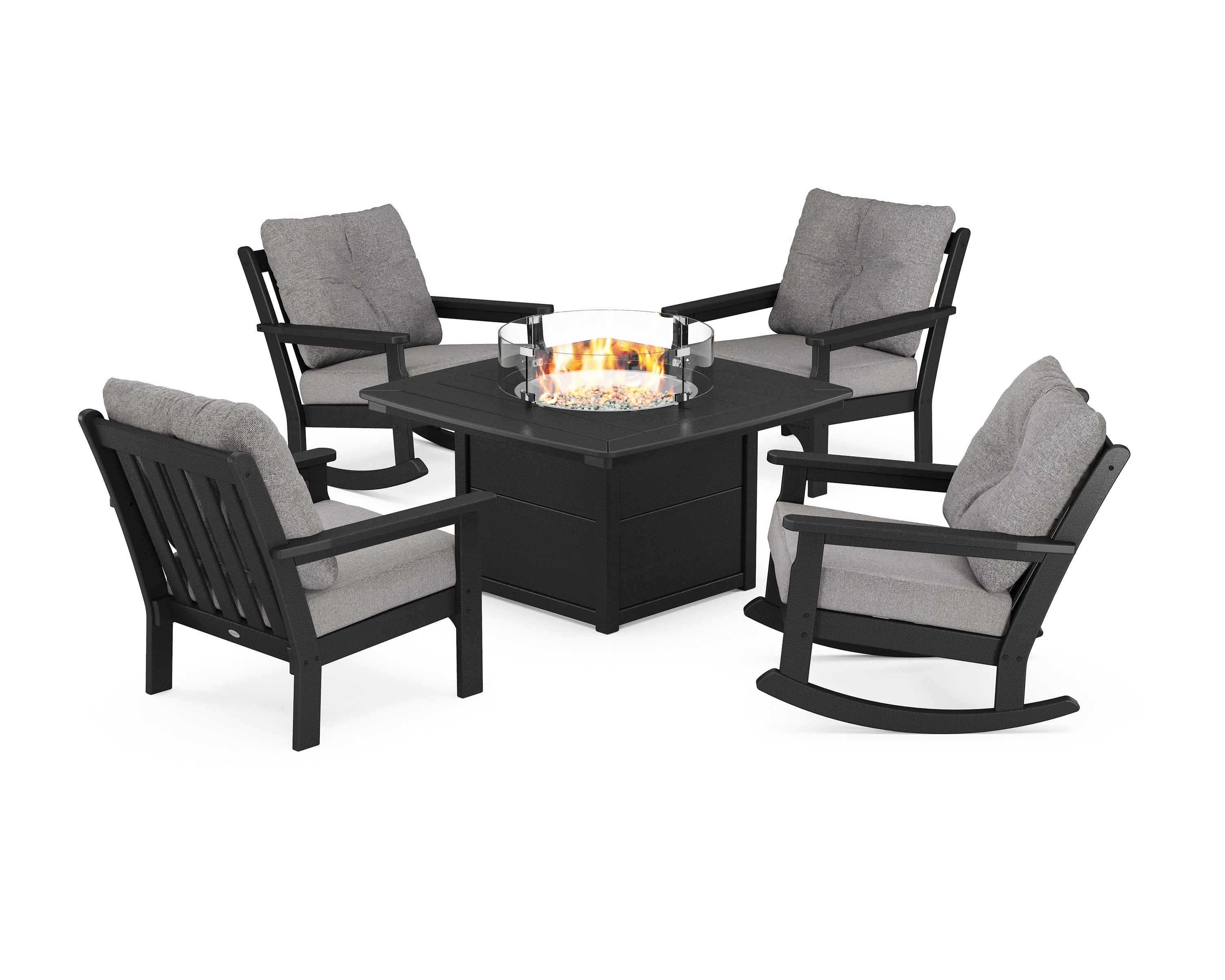 POLYWOOD Vineyard 5-Piece Deep Seating Rocking Chair Conversation Set with Fire Pit Table in Black / Grey Mist