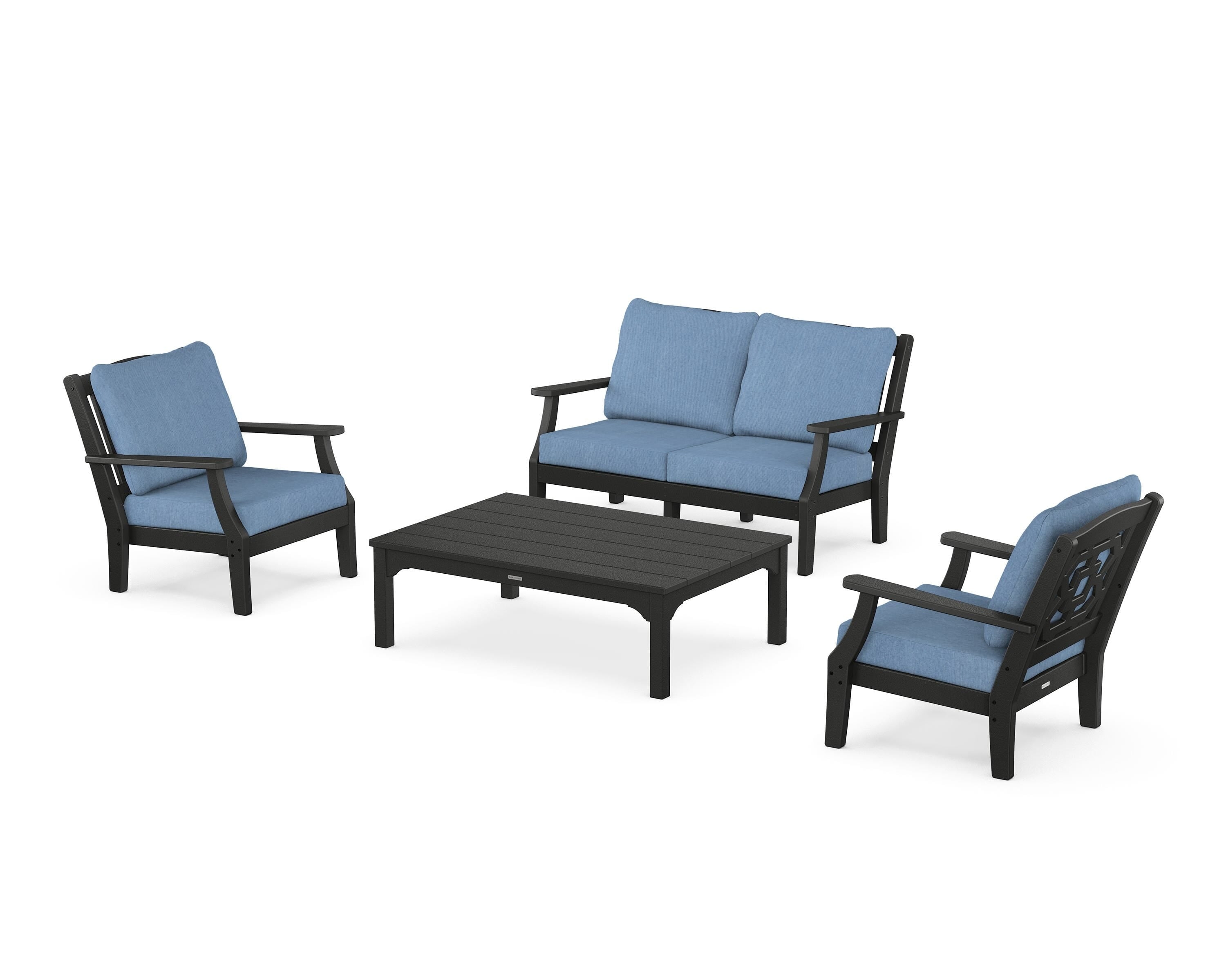 Martha Stewart by POLYWOOD Chinoiserie 4-Piece Deep Seating Set with Loveseat in Black / Sky Blue