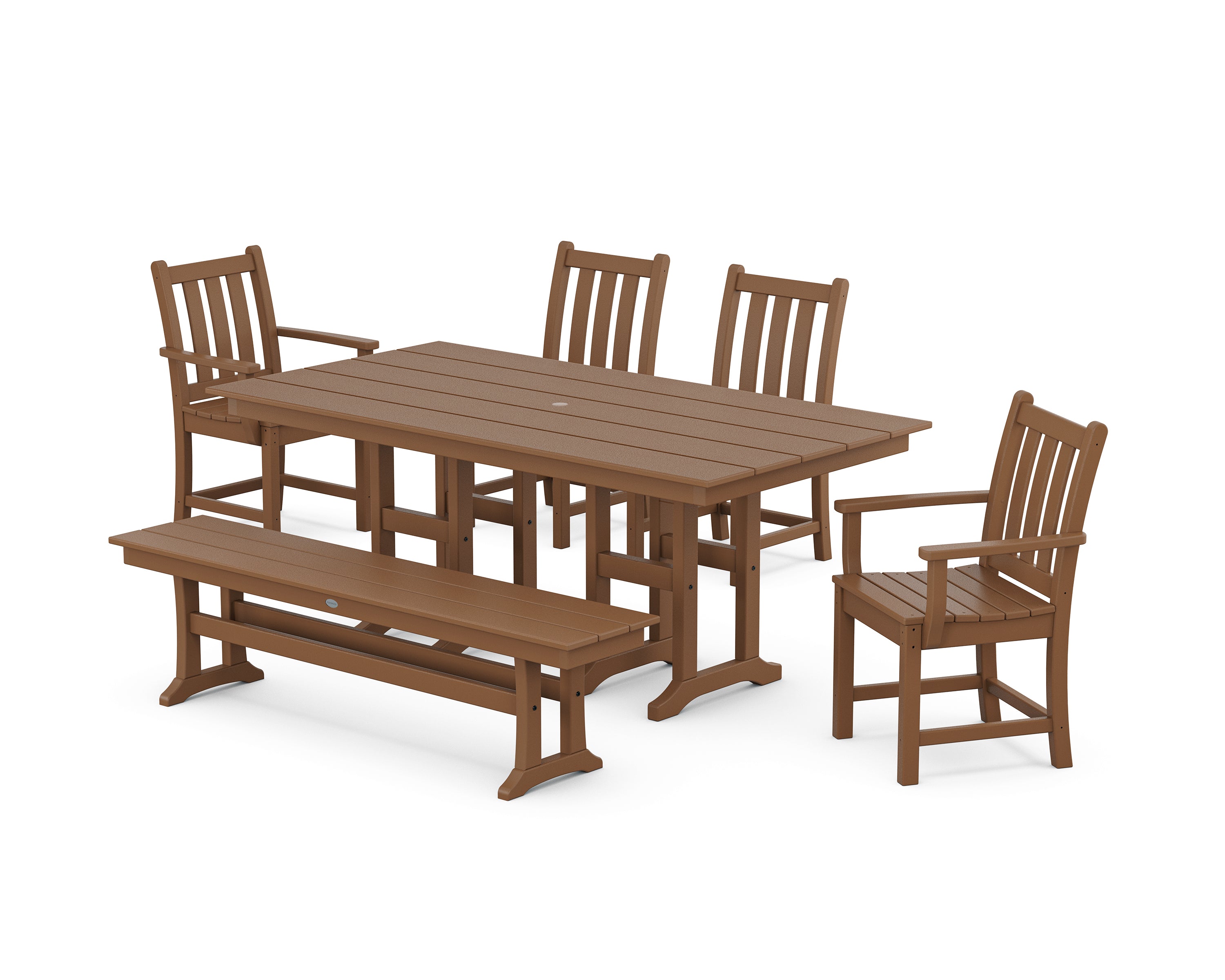 POLYWOOD® Traditional Garden 6-Piece Farmhouse Dining Set with Bench in Teak