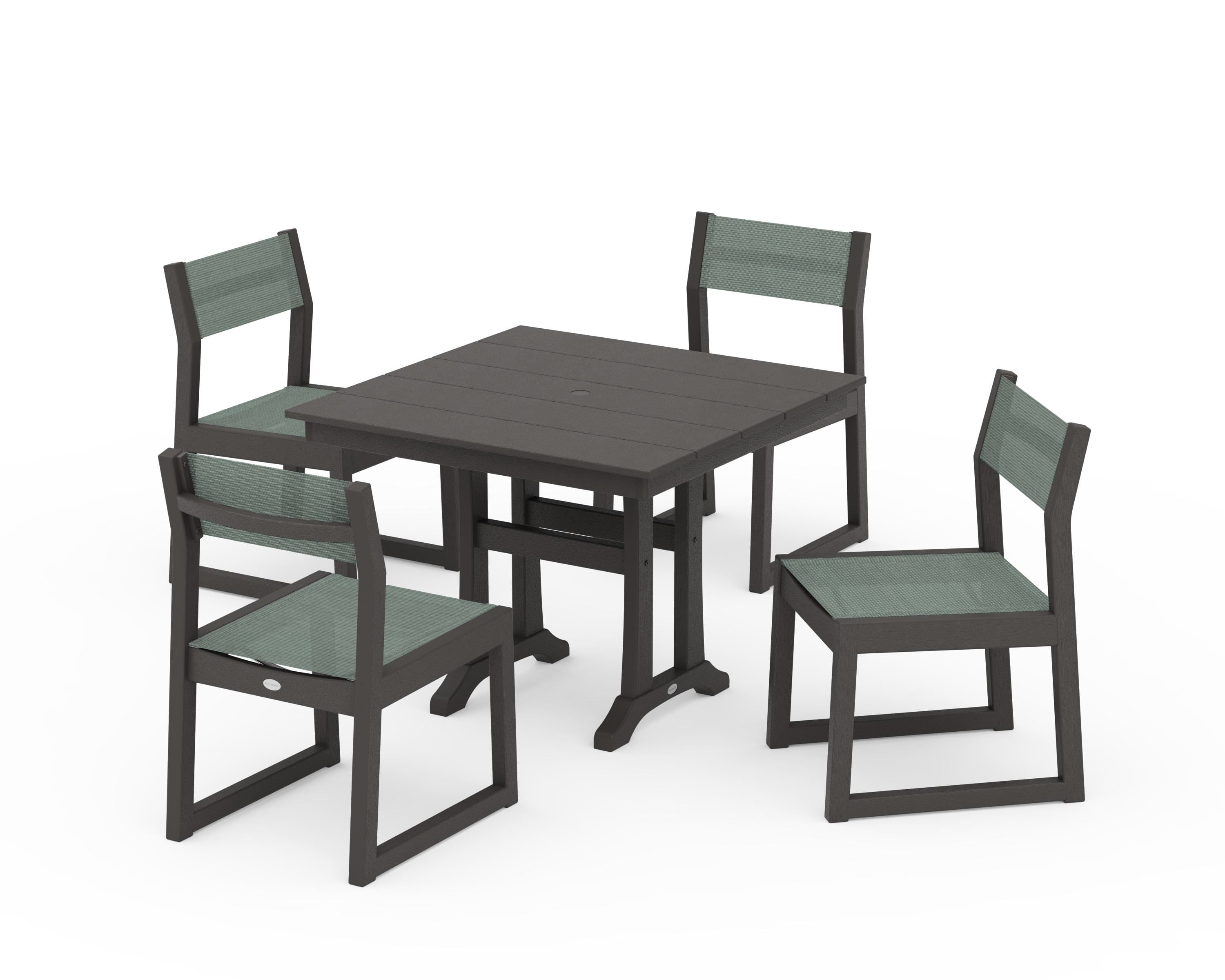 POLYWOOD EDGE Sling 5-Piece Farmhouse Trestle Side Chair Dining Set in Vintage Coffee / Dupioni Sea Mist Sling