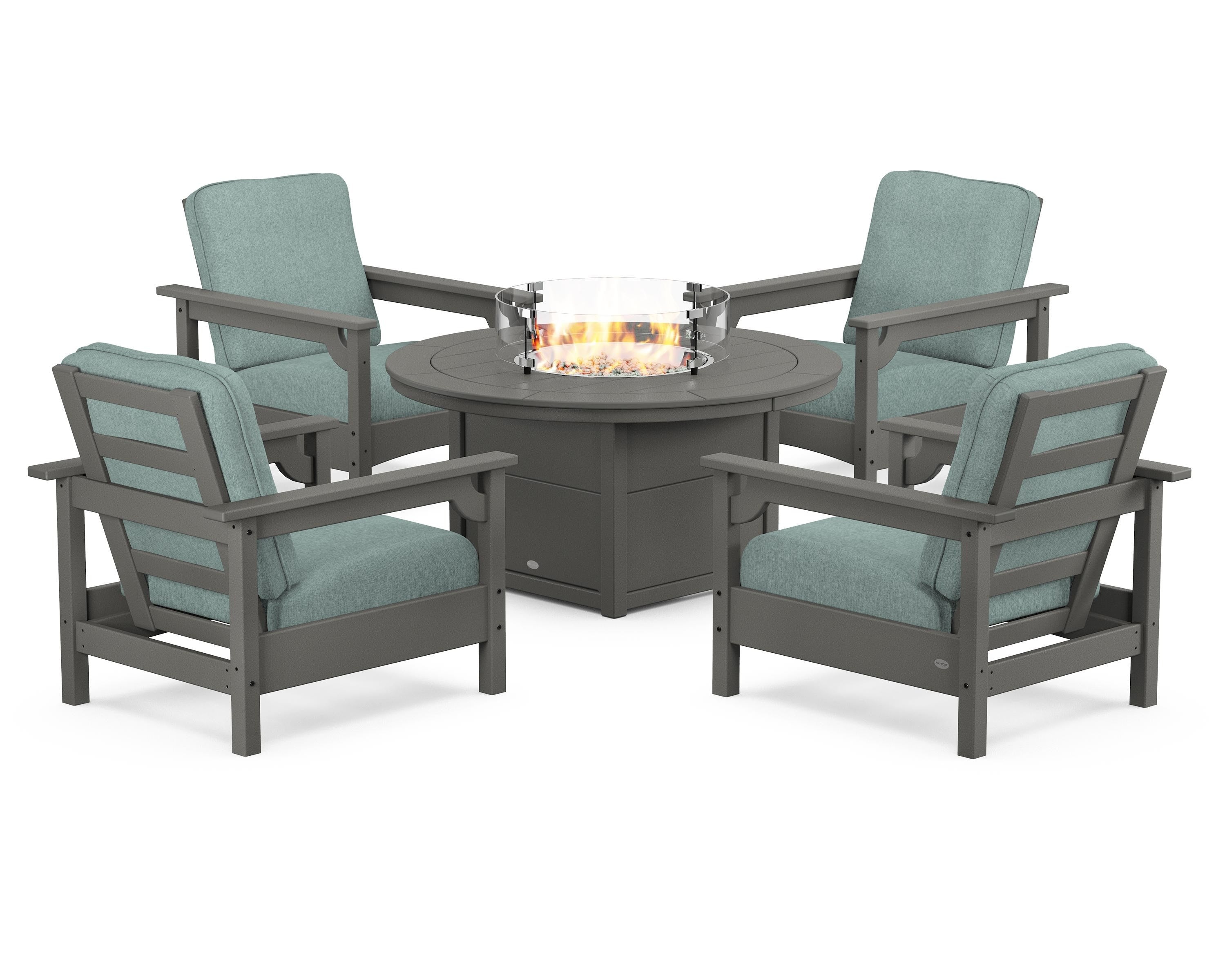 POLYWOOD Club 5-Piece Conversation Set with Fire Pit Table in Slate Grey / Glacier Spa