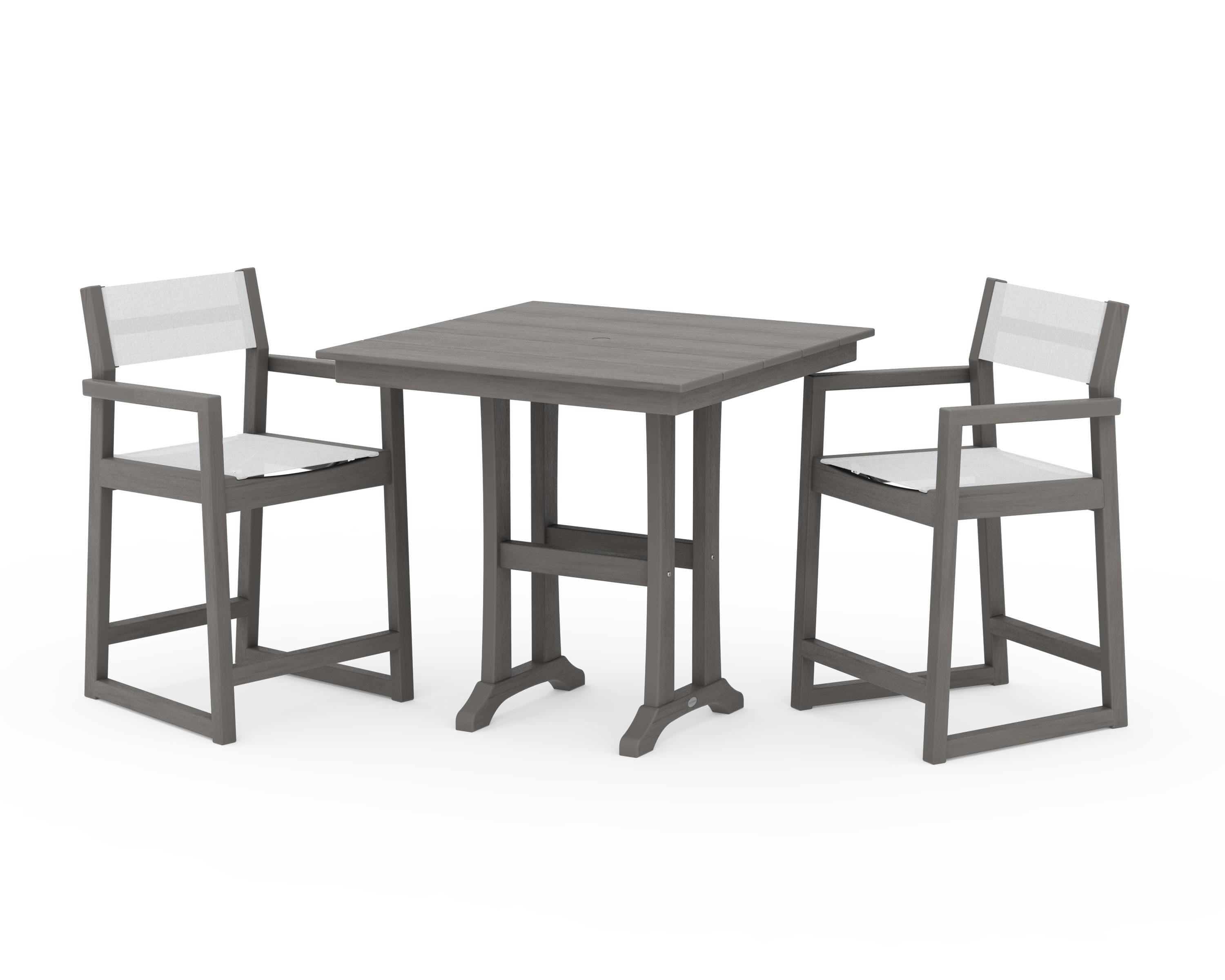 POLYWOOD EDGE Sling Arm Chair 3-Piece Farmhouse Counter Set with Trestle Legs in Driftwood / White Sling