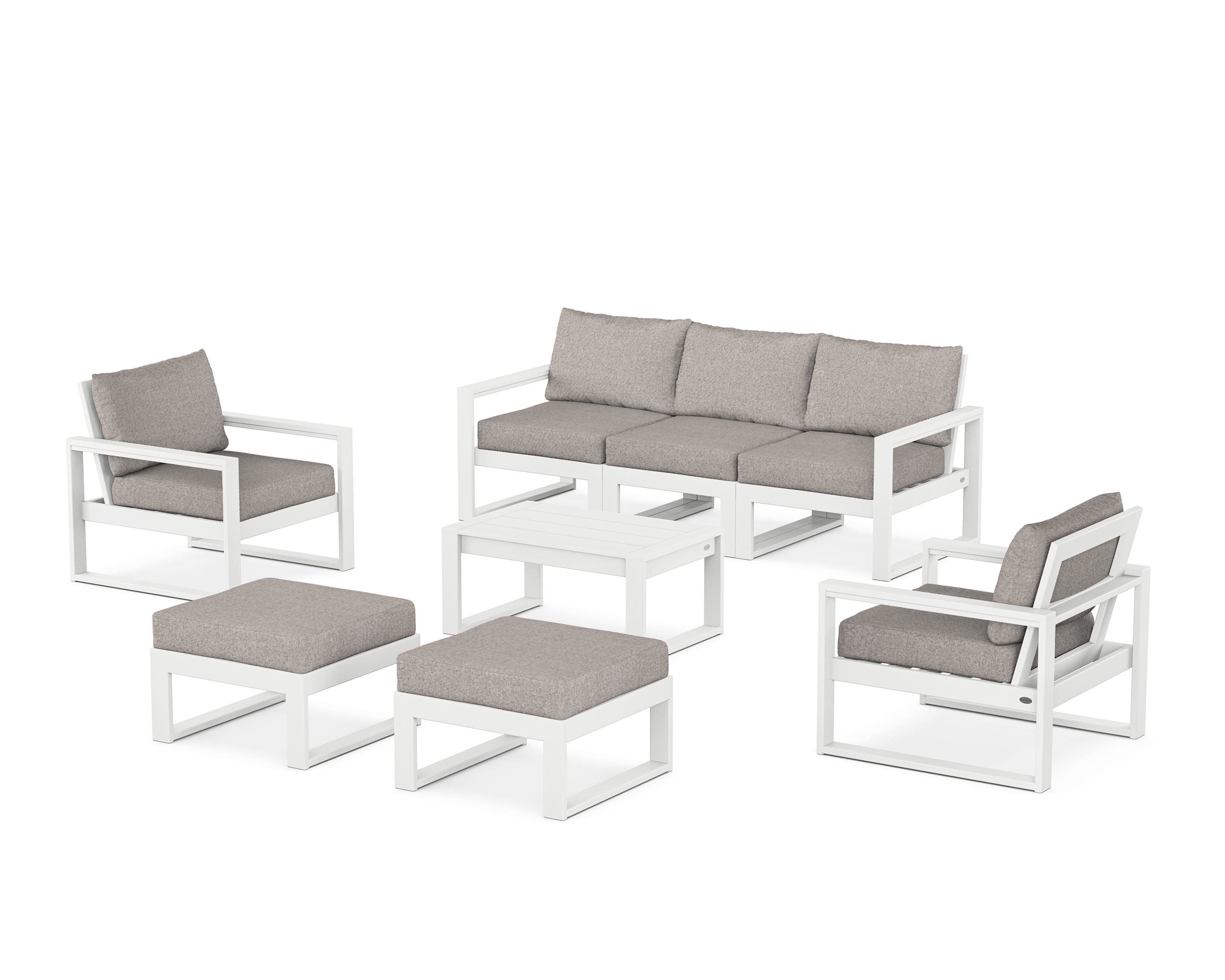 POLYWOOD EDGE Sectional 8-Piece Lounge Sofa Set in White / Weathered Tweed