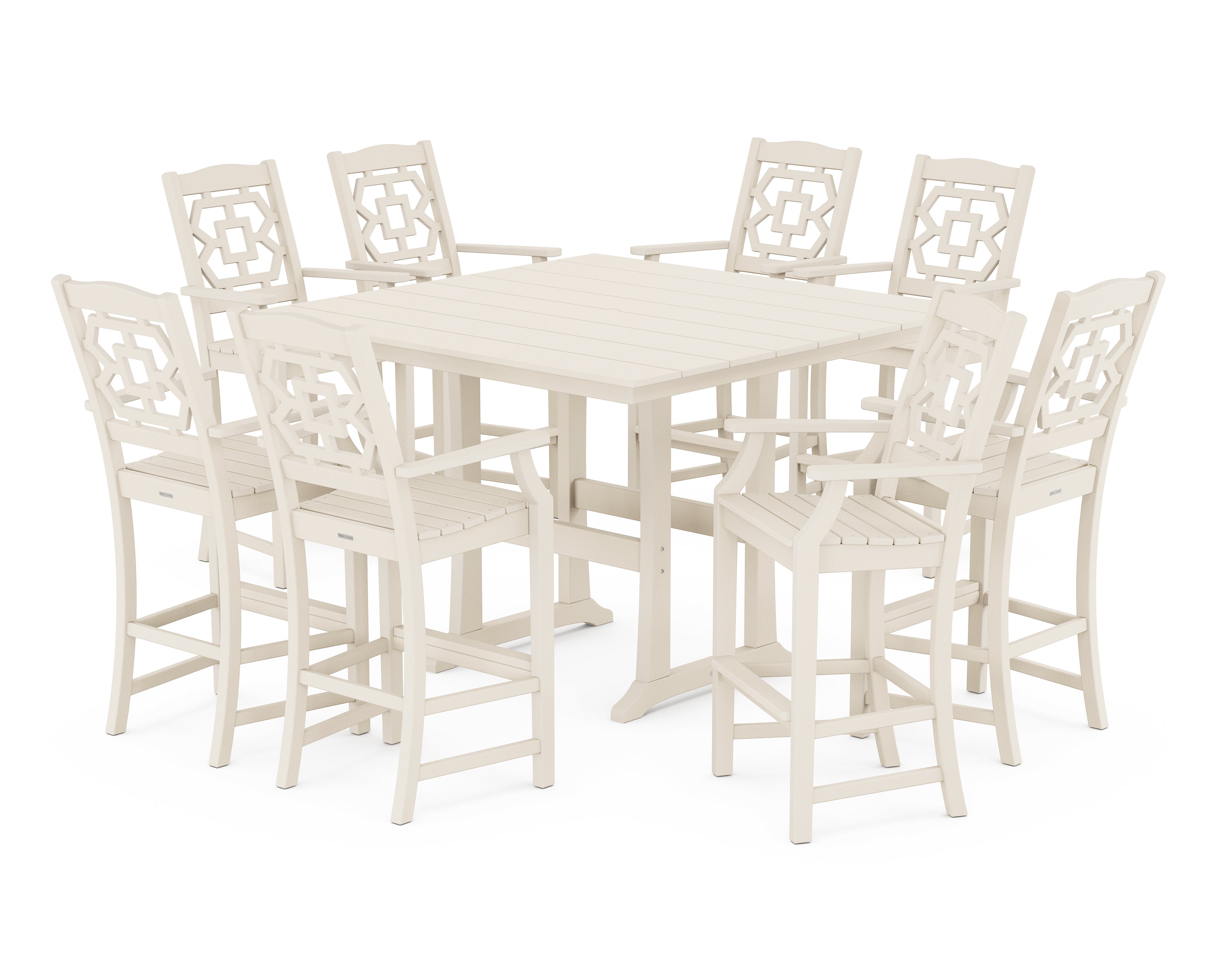 Martha Stewart by POLYWOOD® Chinoiserie 9-Piece Square Farmhouse Bar Set with Trestle Legs in Sand