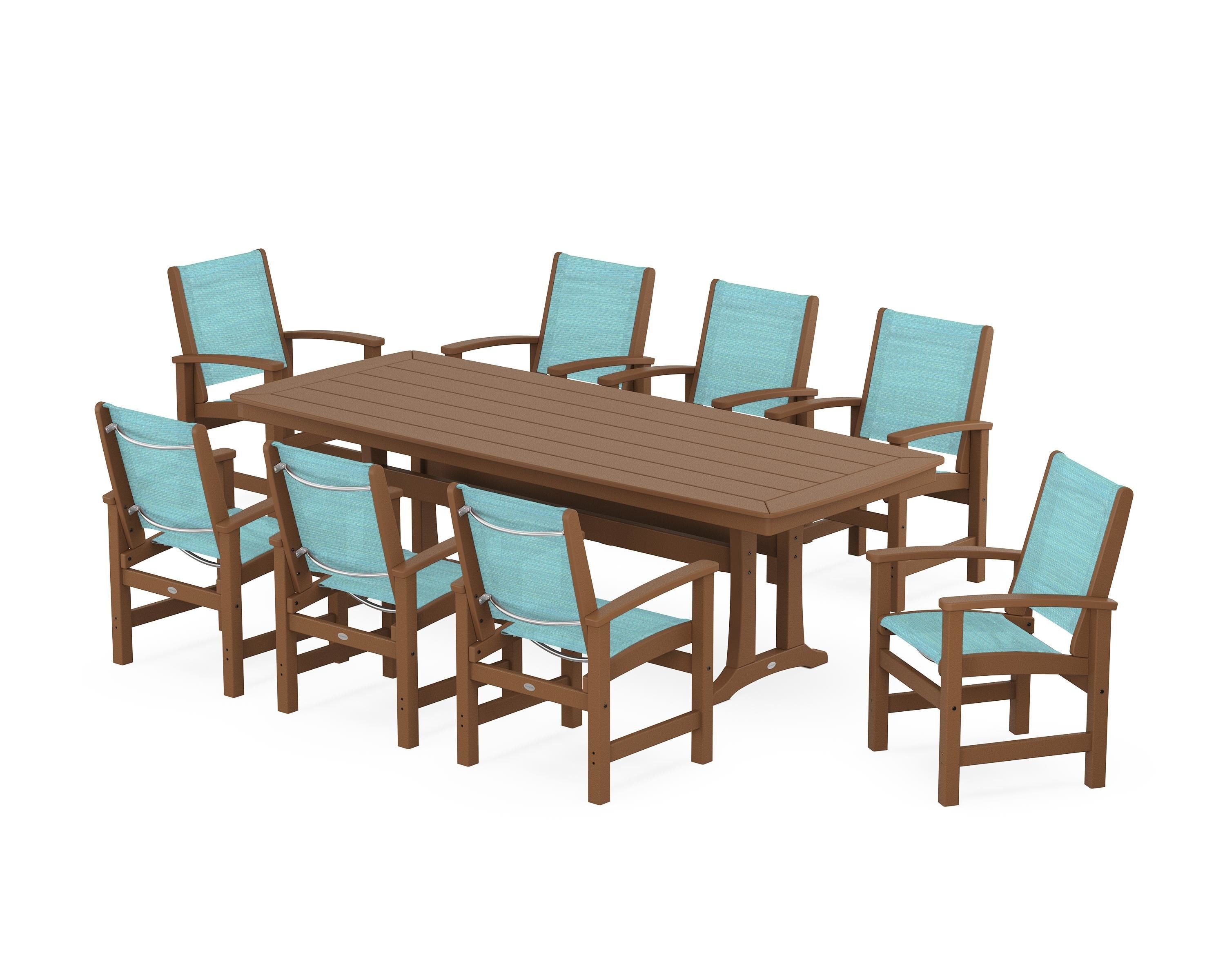 POLYWOOD Coastal 9-Piece Dining Set with Trestle Legs in Teak / Dupioni Aquamarine Sling