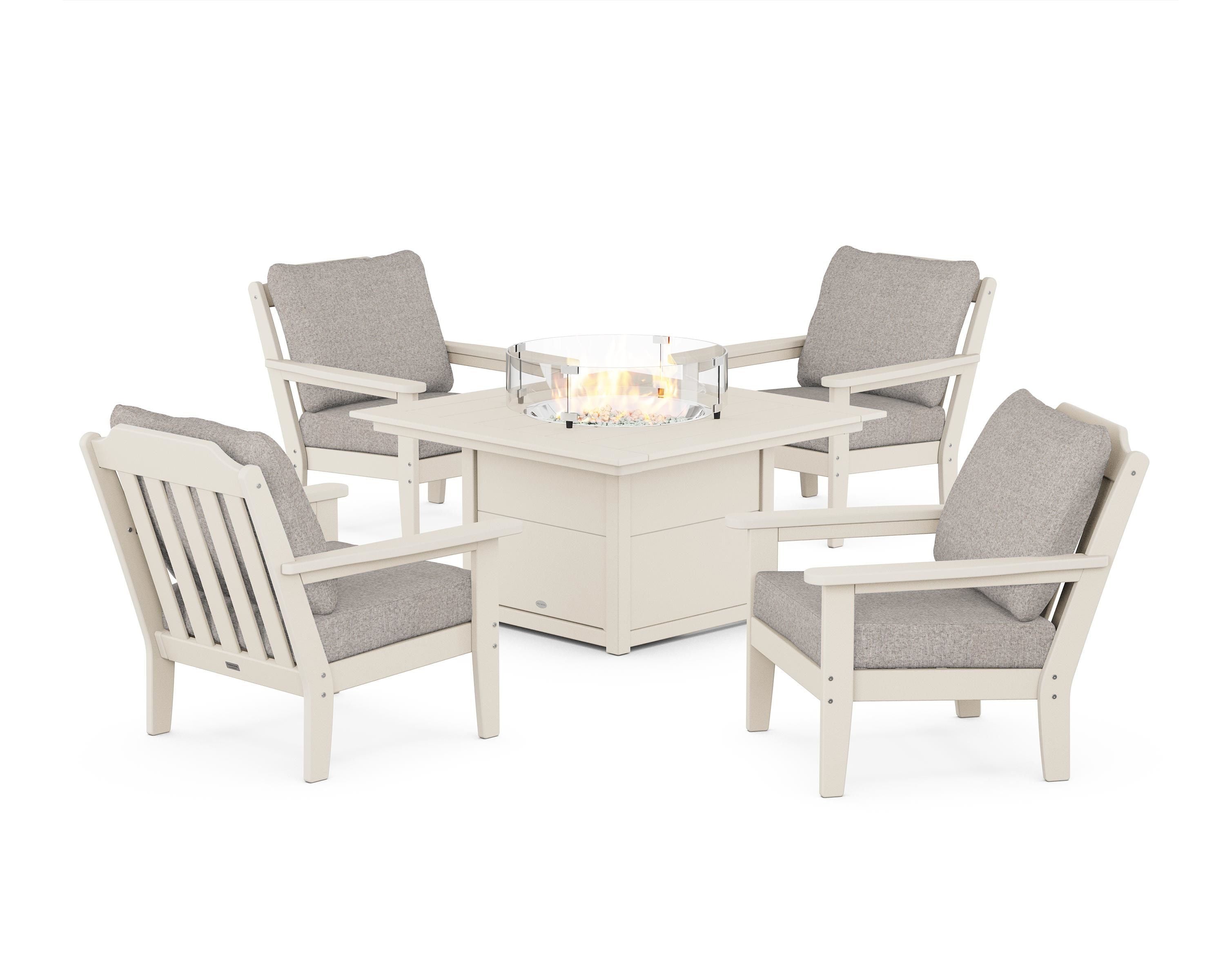 Country Living Cottage 5-Piece Deep Seating Set with Fire Pit Table in Sand / Weathered Tweed