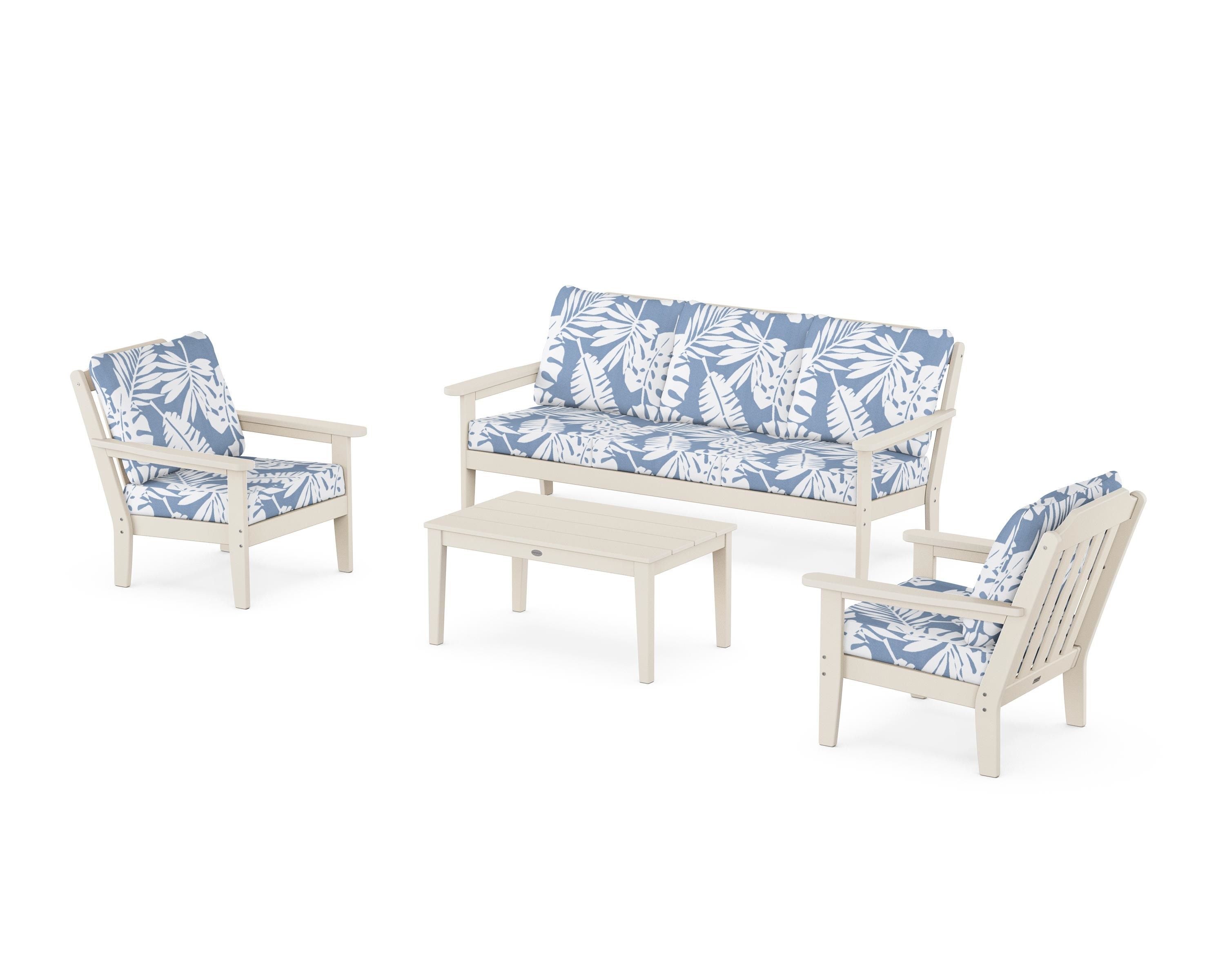 Country Living Cottage 4-Piece Deep Seating Set with Sofa in Sand / Leaf Sky Blue