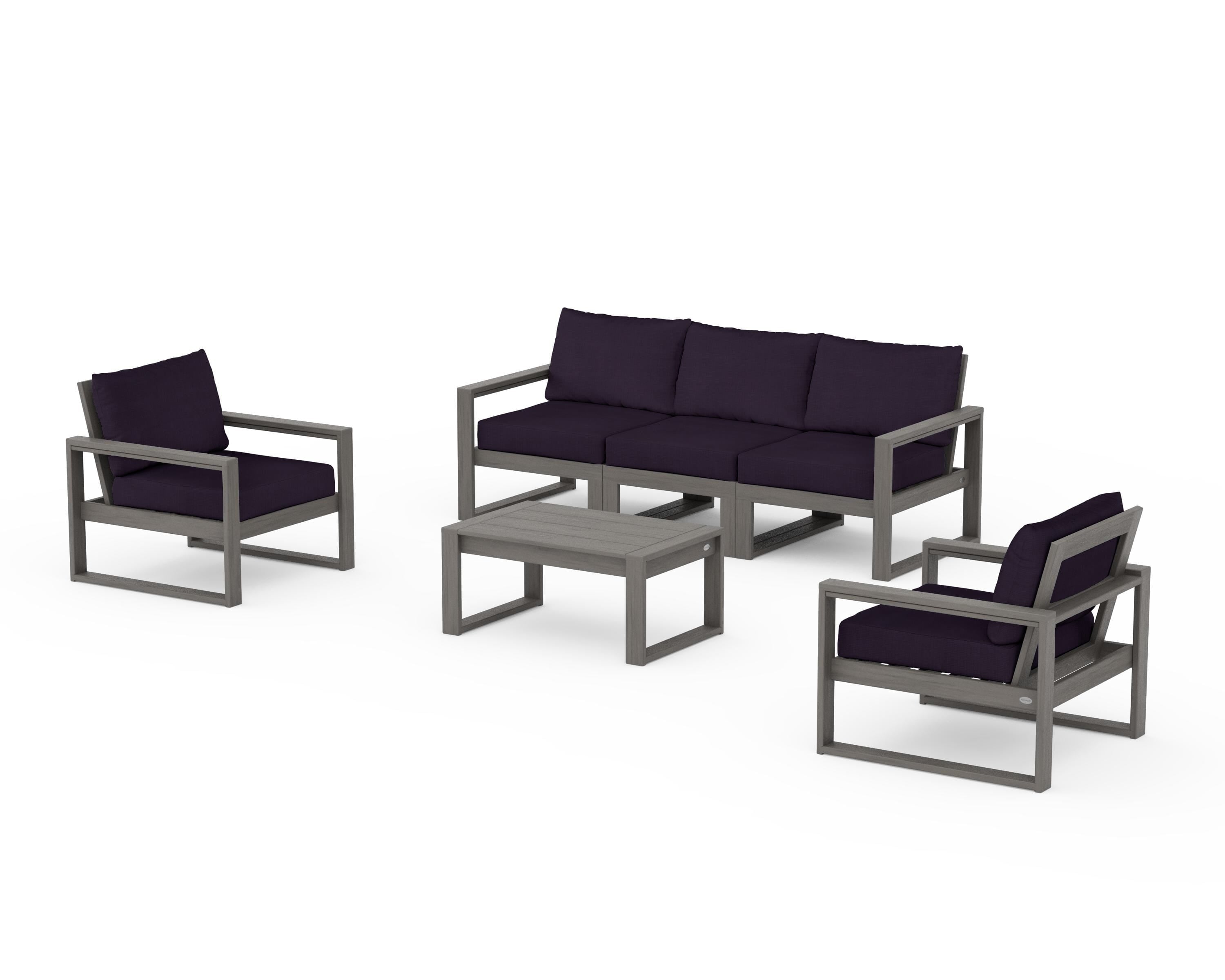 POLYWOOD EDGE Sectional 4-Piece Deep Seating Set with Sofa in Driftwood / Navy Linen