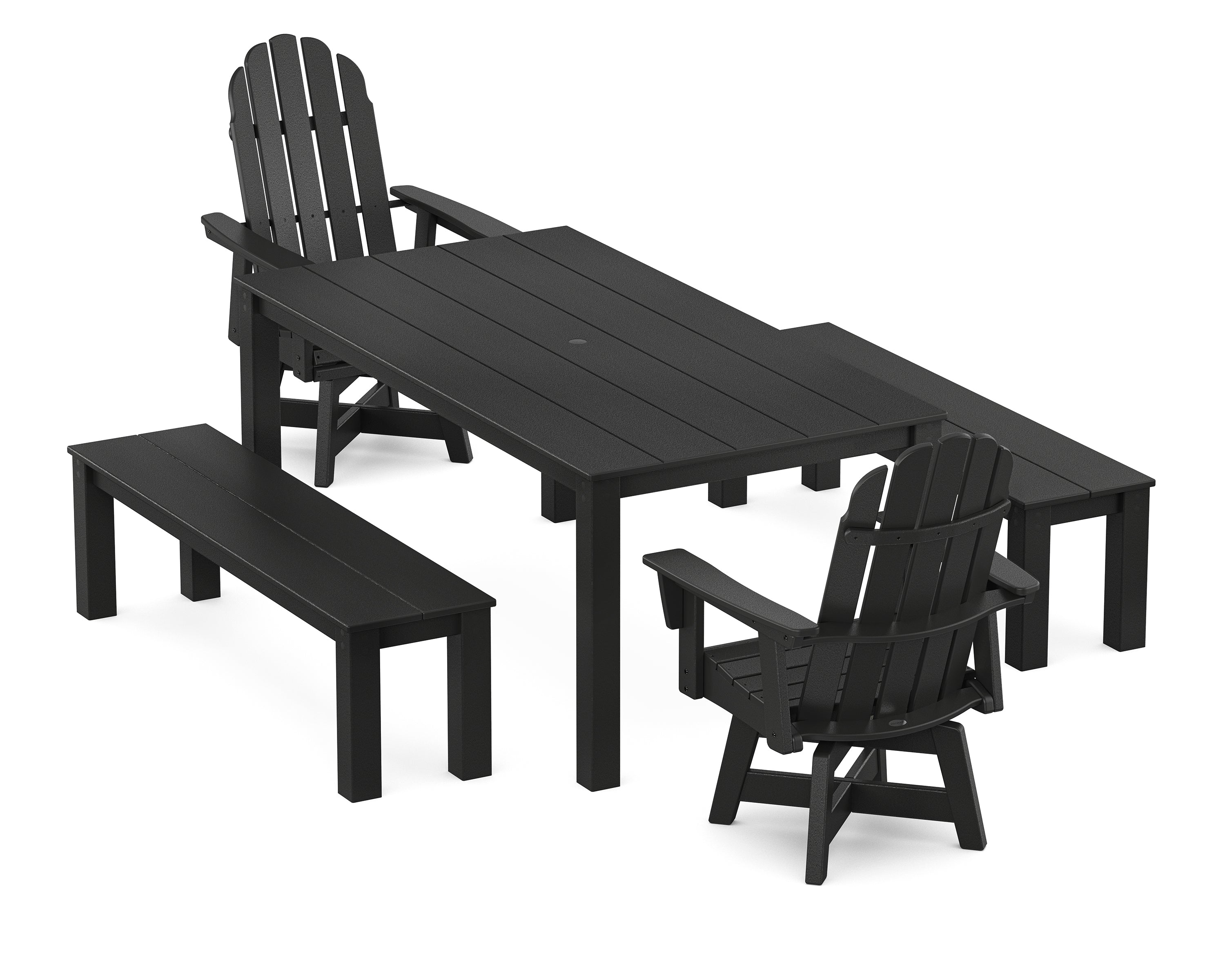 POLYWOOD® Vineyard Curveback Adirondack 5-Piece Parsons Swivel Dining Set with Benches in Black