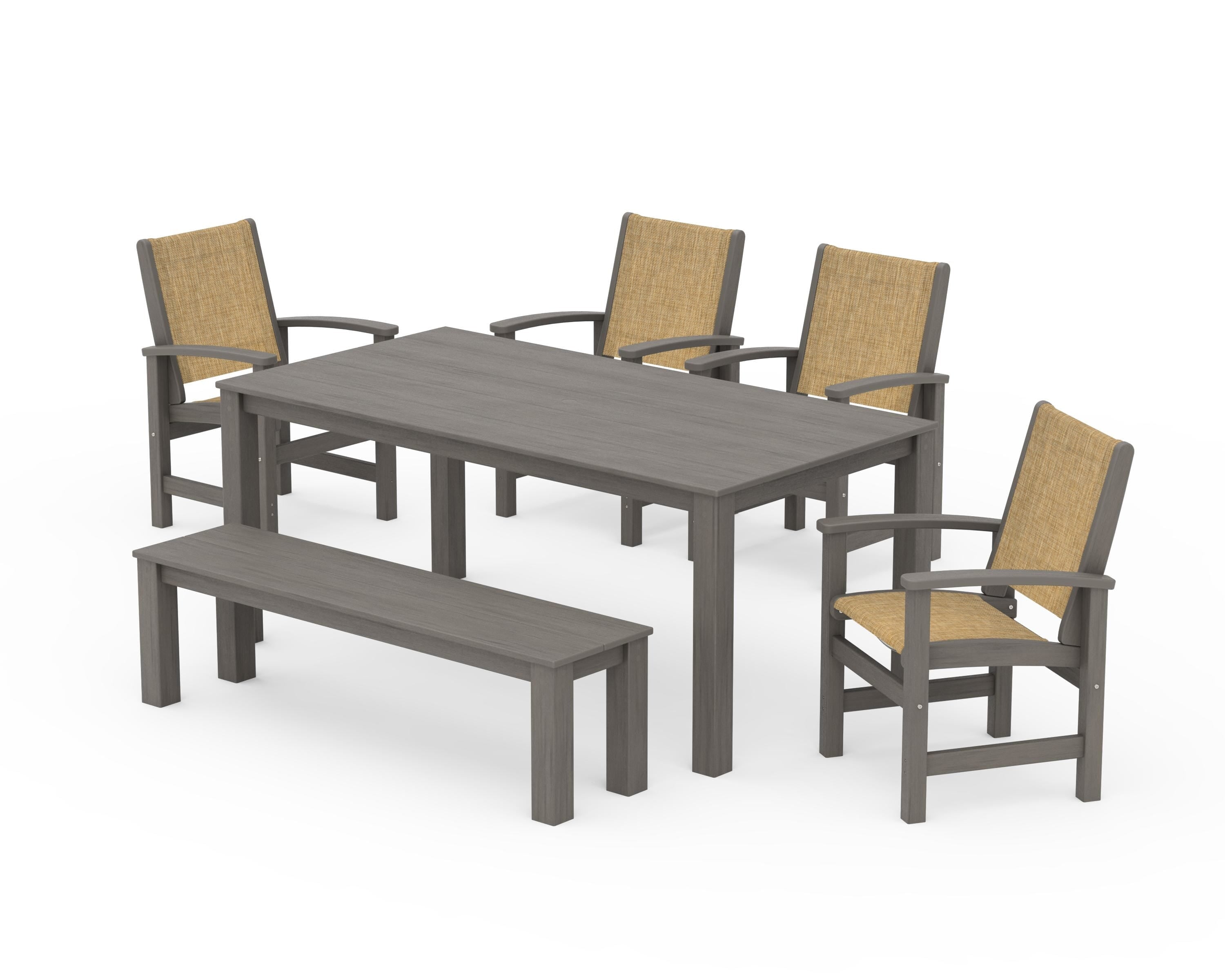 POLYWOOD Coastal 6-Piece Parsons Dining Set with Bench in Driftwood / Burlap Sling