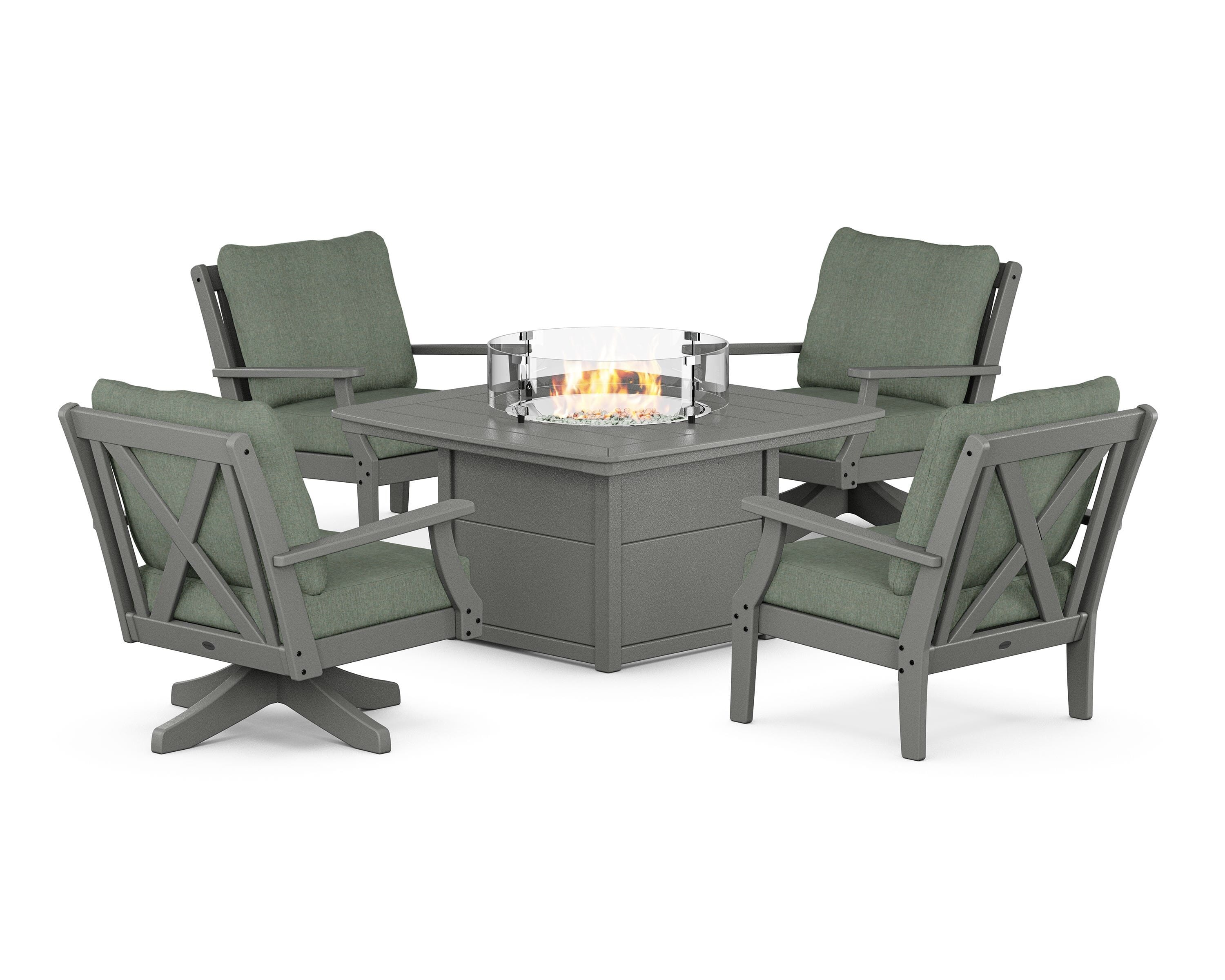 POLYWOOD Braxton 5-Piece Deep Seating Set with Fire Table in Slate Grey / Cast Sage