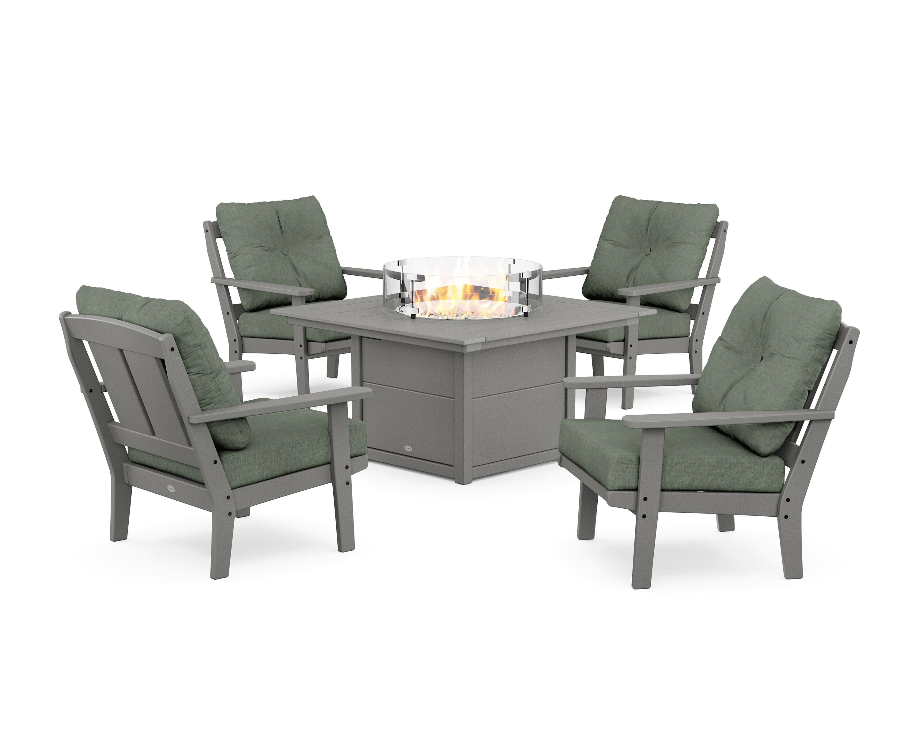 POLYWOOD Mission 5-Piece Deep Seating Set with Fire Pit Table in Slate Grey / Cast Sage