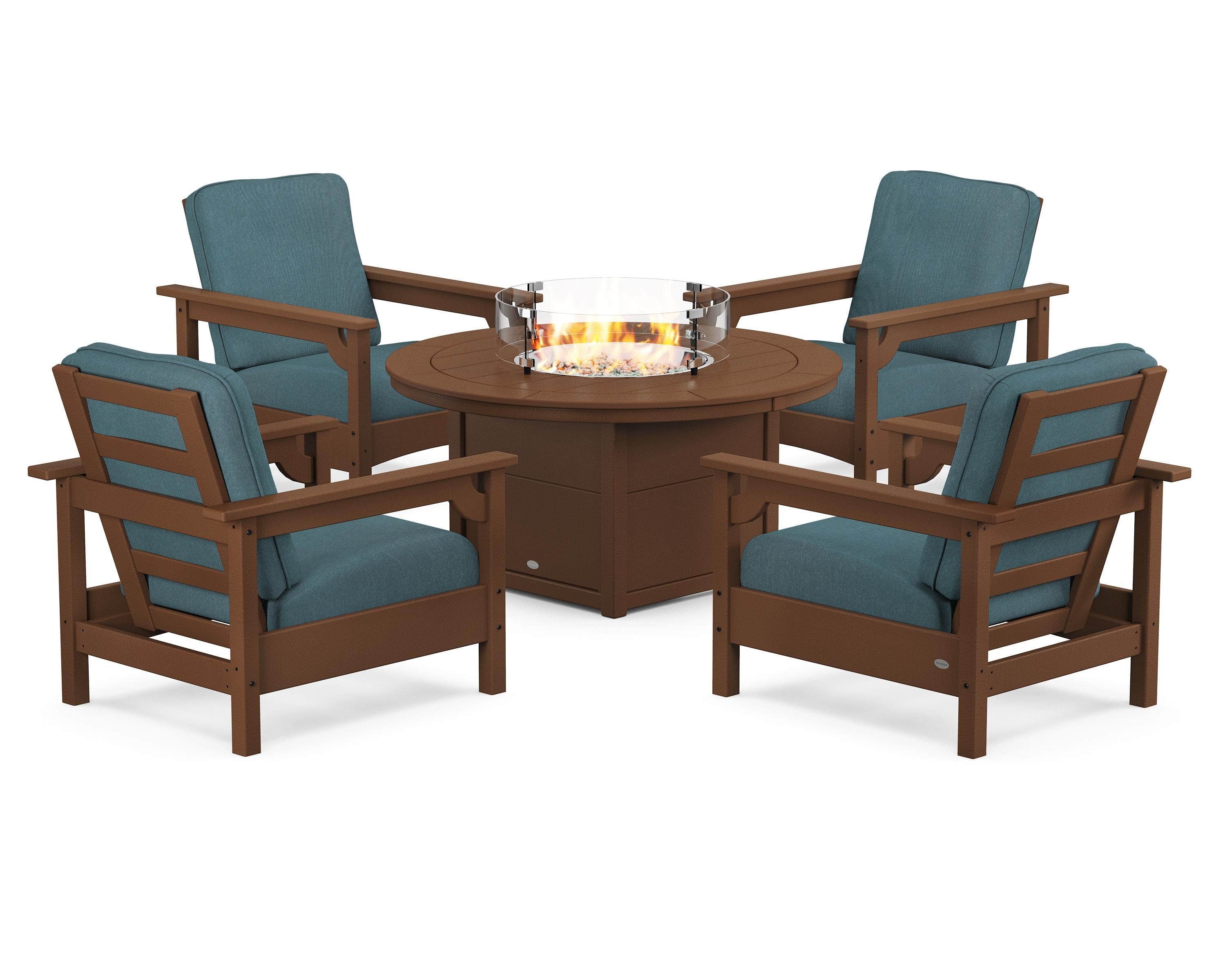 POLYWOOD Club 5-Piece Conversation Set with Fire Pit Table in Teak / Ocean Teal