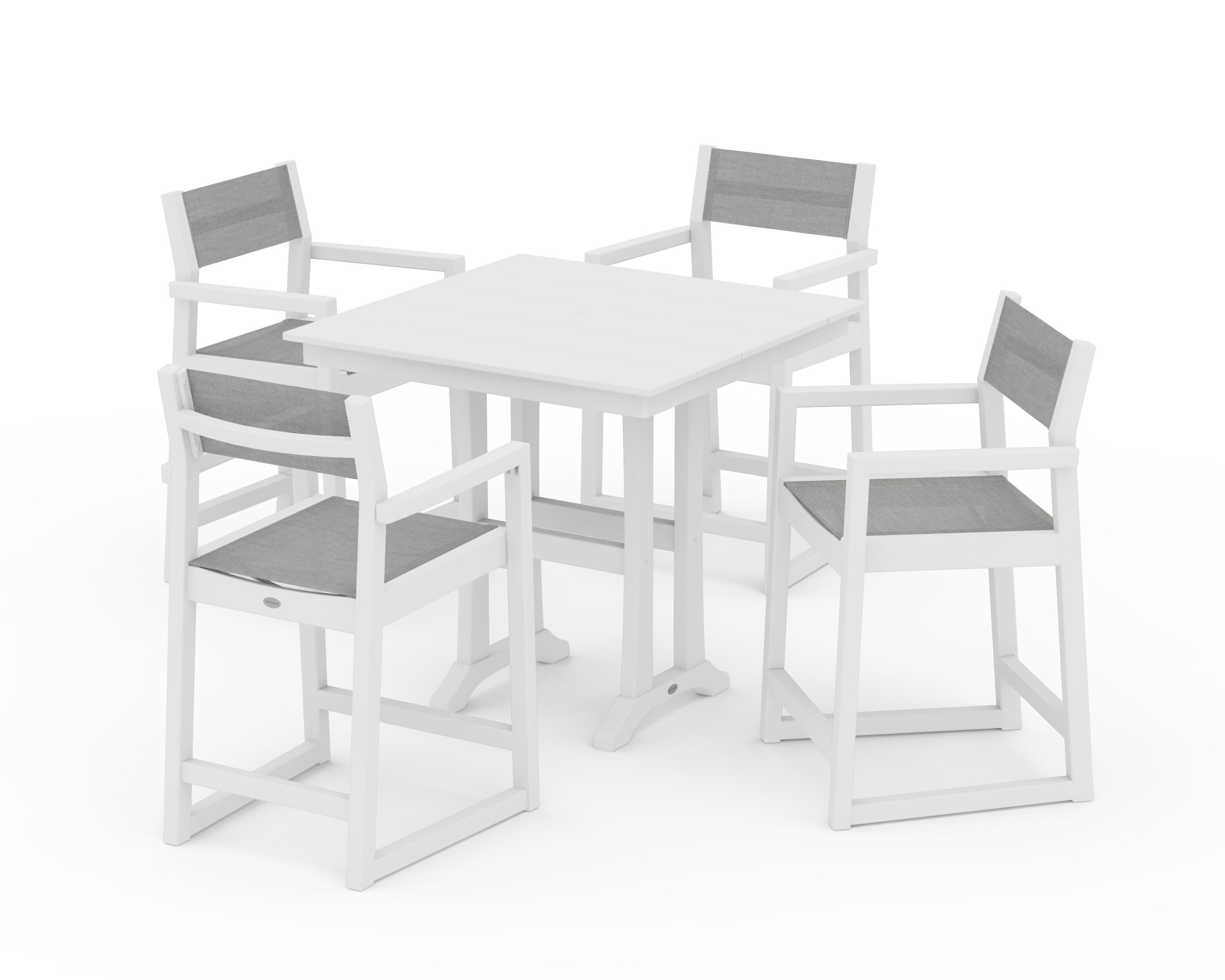 POLYWOOD EDGE Sling Arm Chair 5-Piece Farmhouse Counter Set with Trestle Legs in White / Metallic Sling