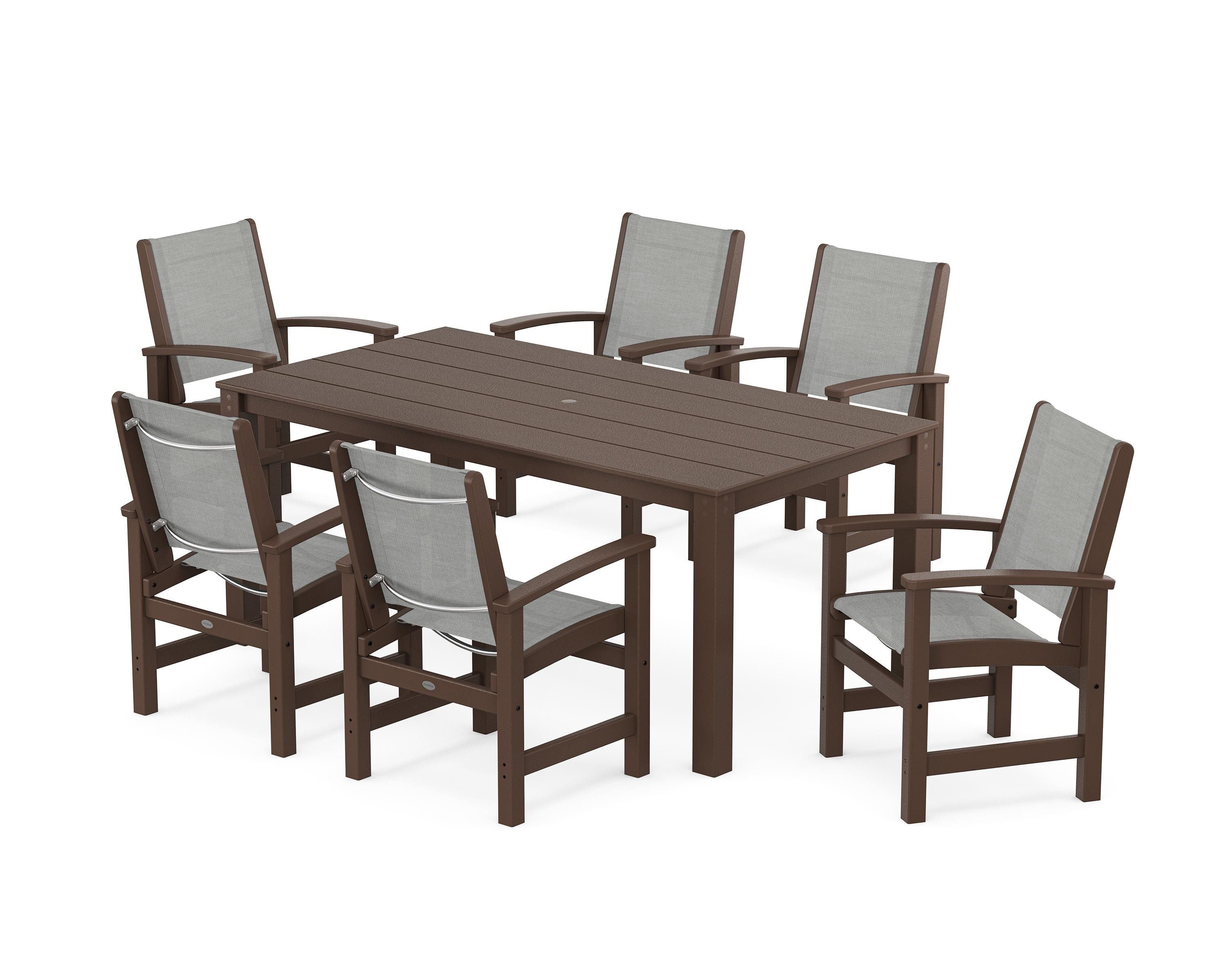 POLYWOOD Coastal 7-Piece Parsons Dining Set in Mahogany / Metallic Sling