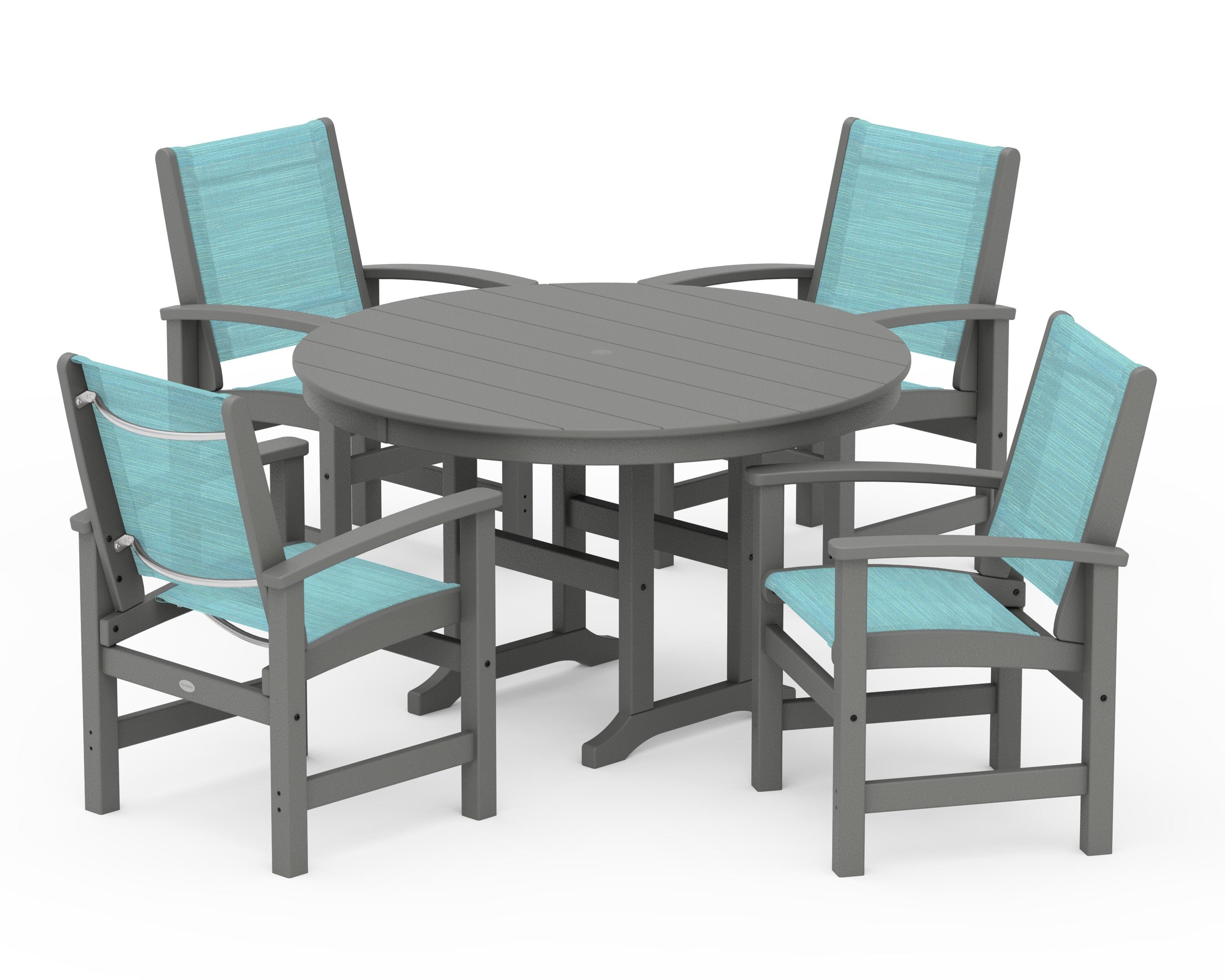 POLYWOOD Coastal 5-Piece Round Farmhouse Dining Set in Slate Grey / Dupioni Aquamarine Sling