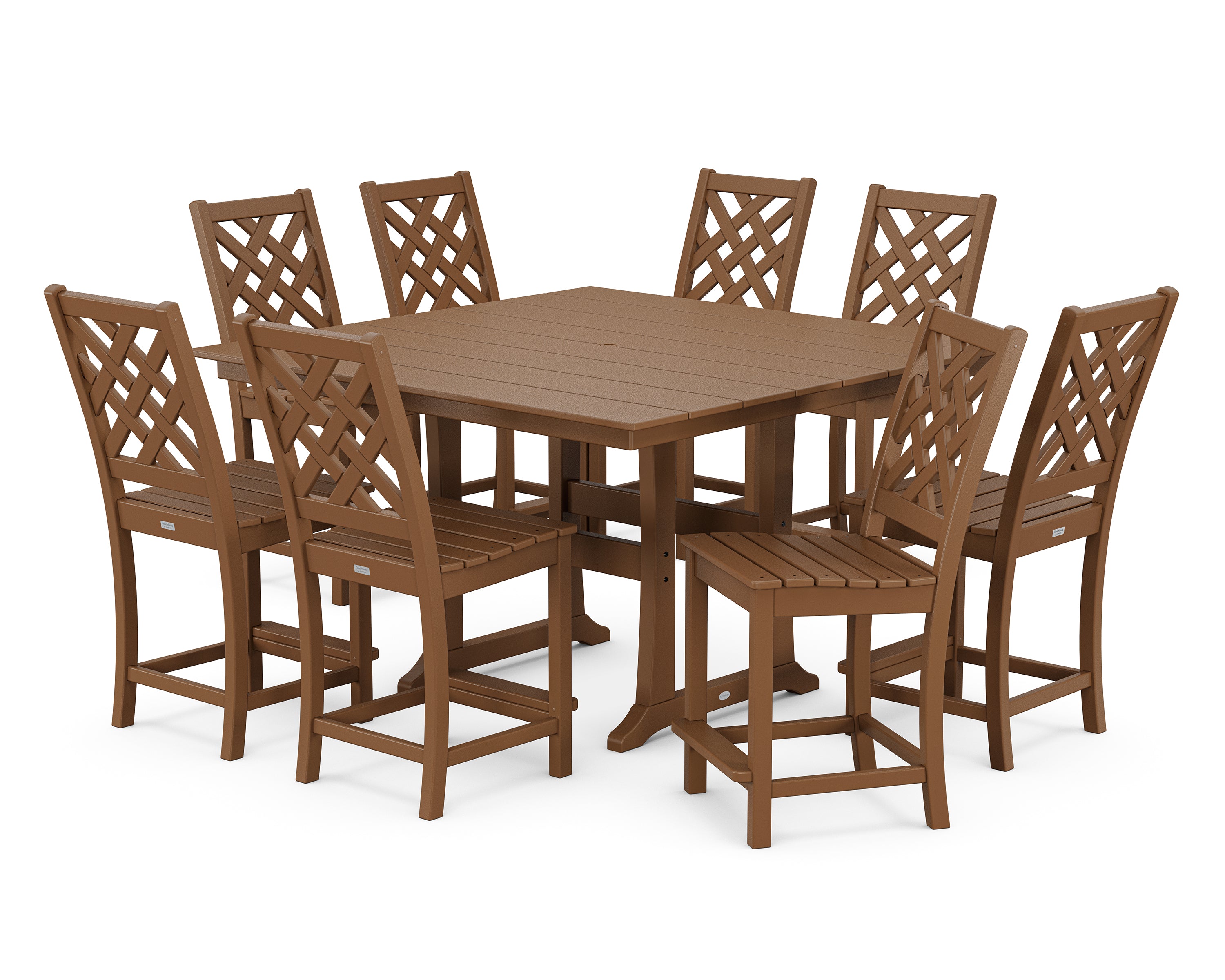 Country Living Wovendale Side Chair 9-Piece Square Farmhouse Counter Set with Trestle Legs in Teak