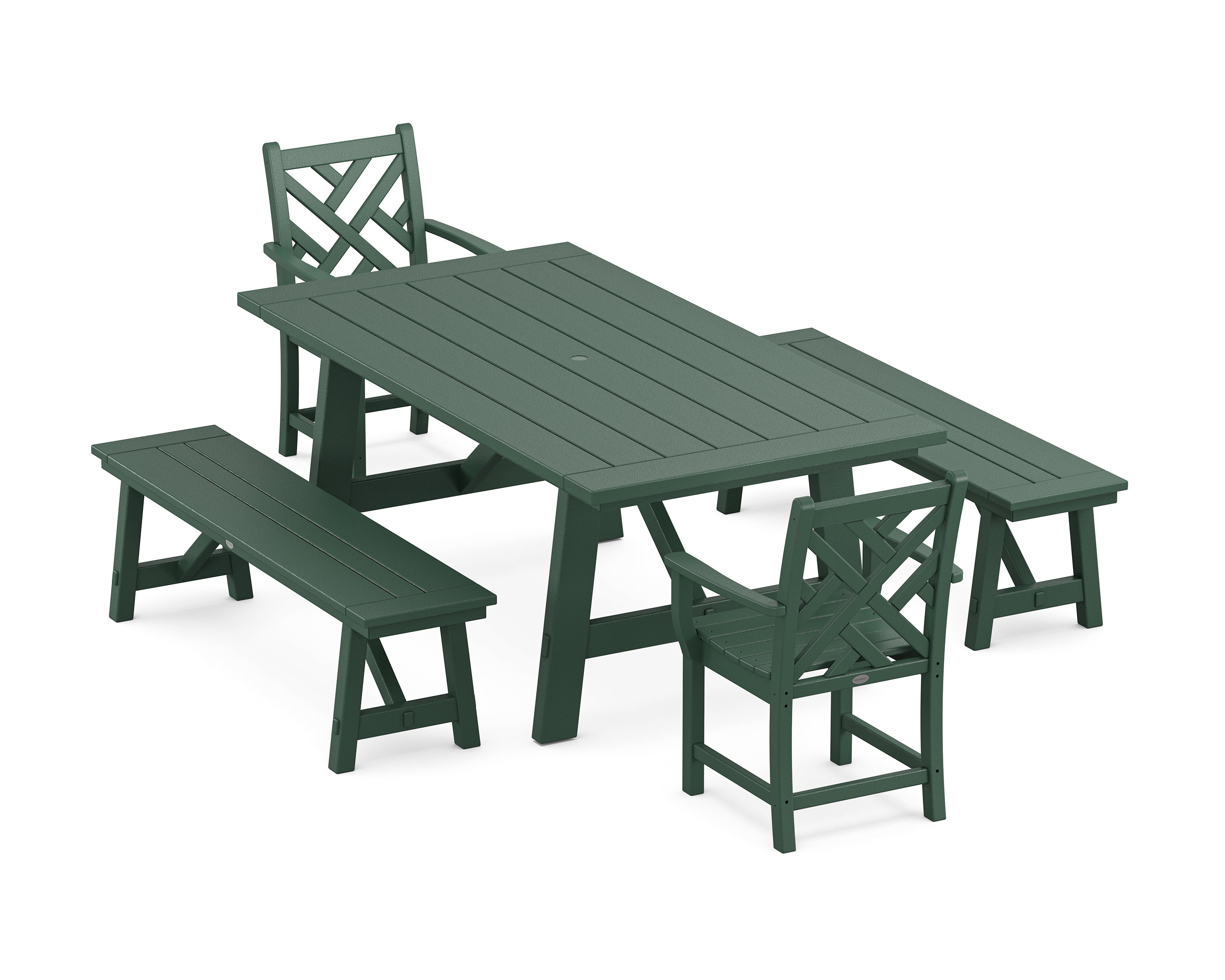 POLYWOOD® Chippendale 5-Piece Rustic Farmhouse Dining Set With Benches in Green