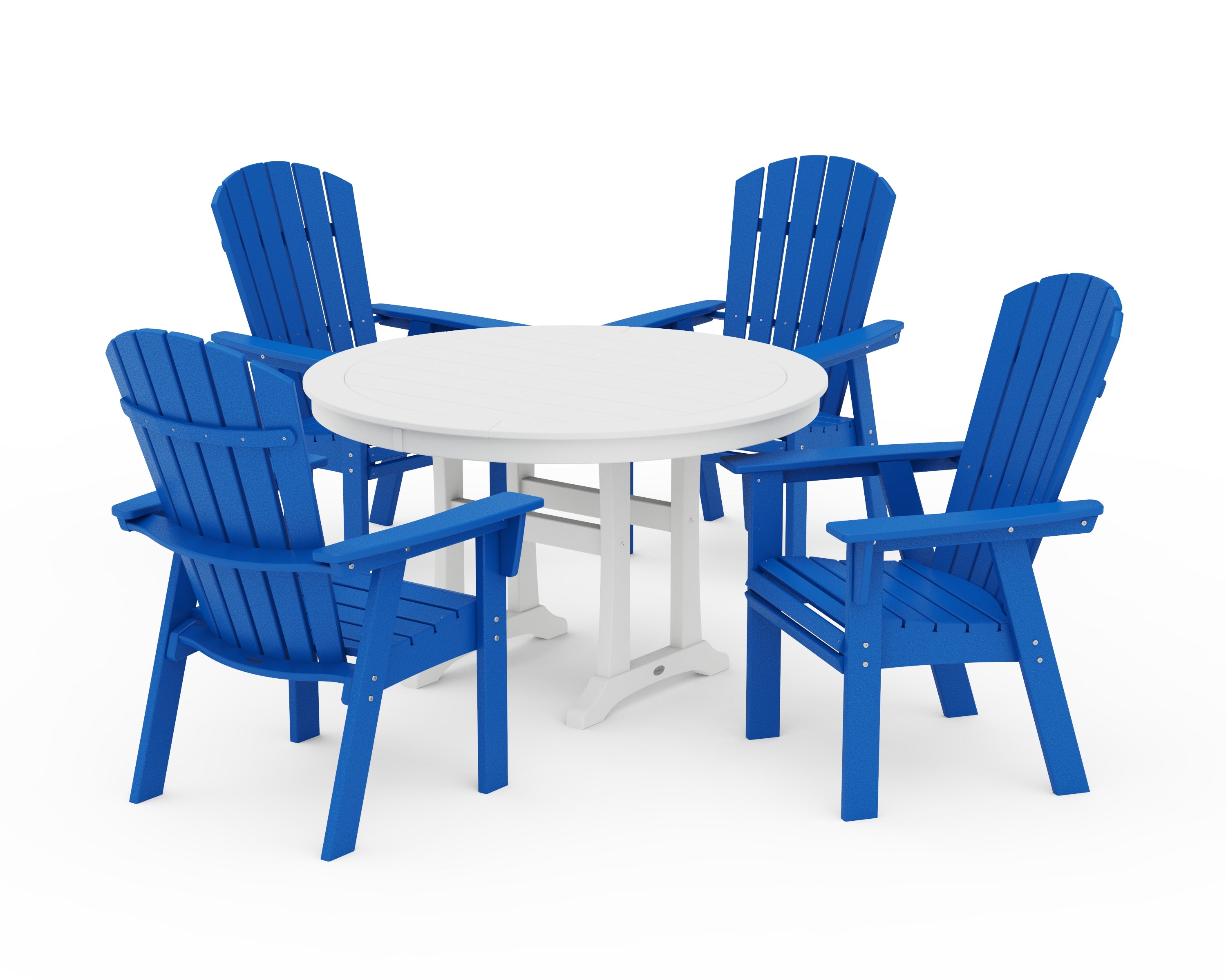 POLYWOOD Nautical Curveback Adirondack 5-Piece Round Dining Set with Trestle Legs in Pacific Blue / White
