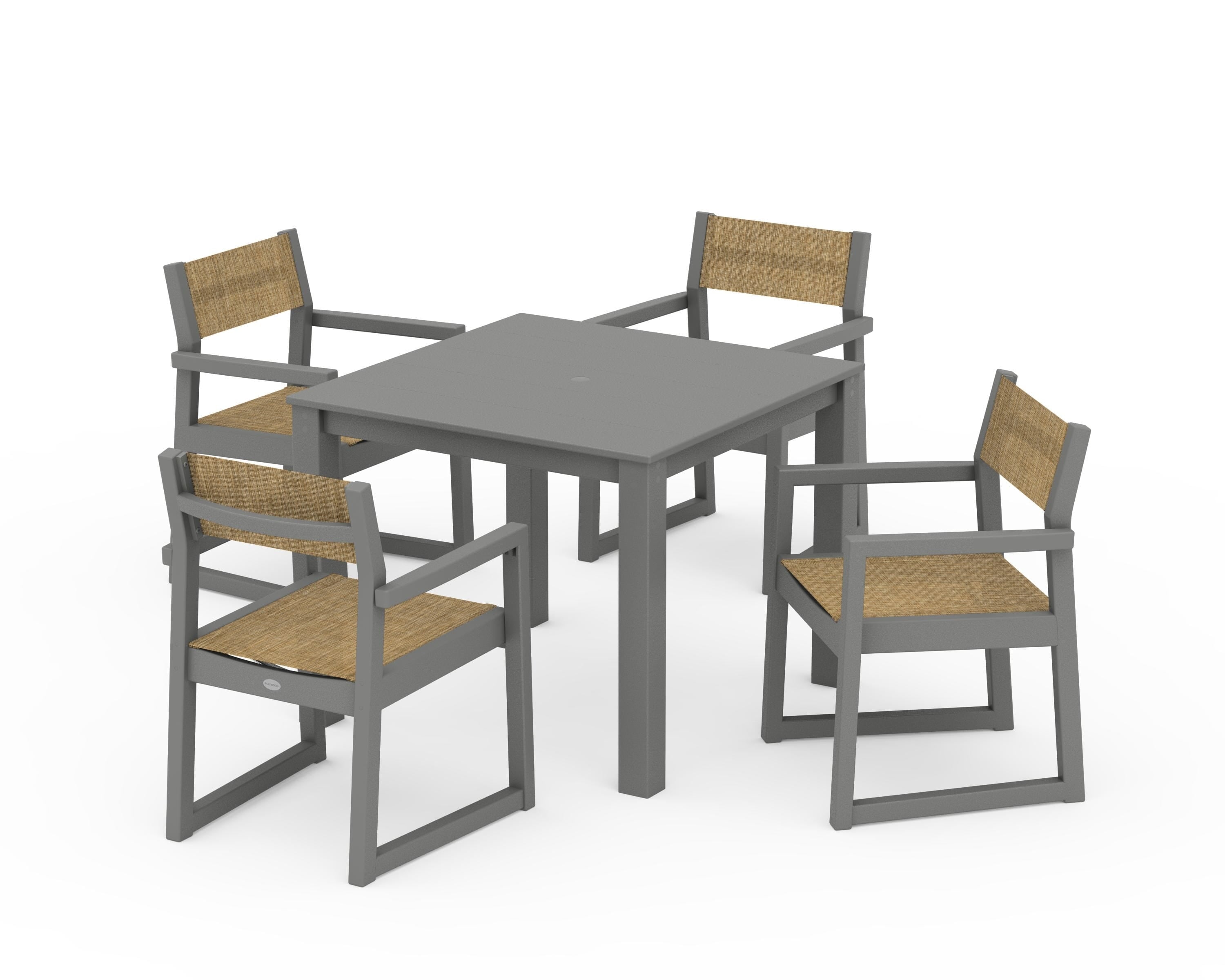 POLYWOOD EDGE Sling Arm Chair 5-Piece Parsons Dining Set in Slate Grey / Burlap Sling
