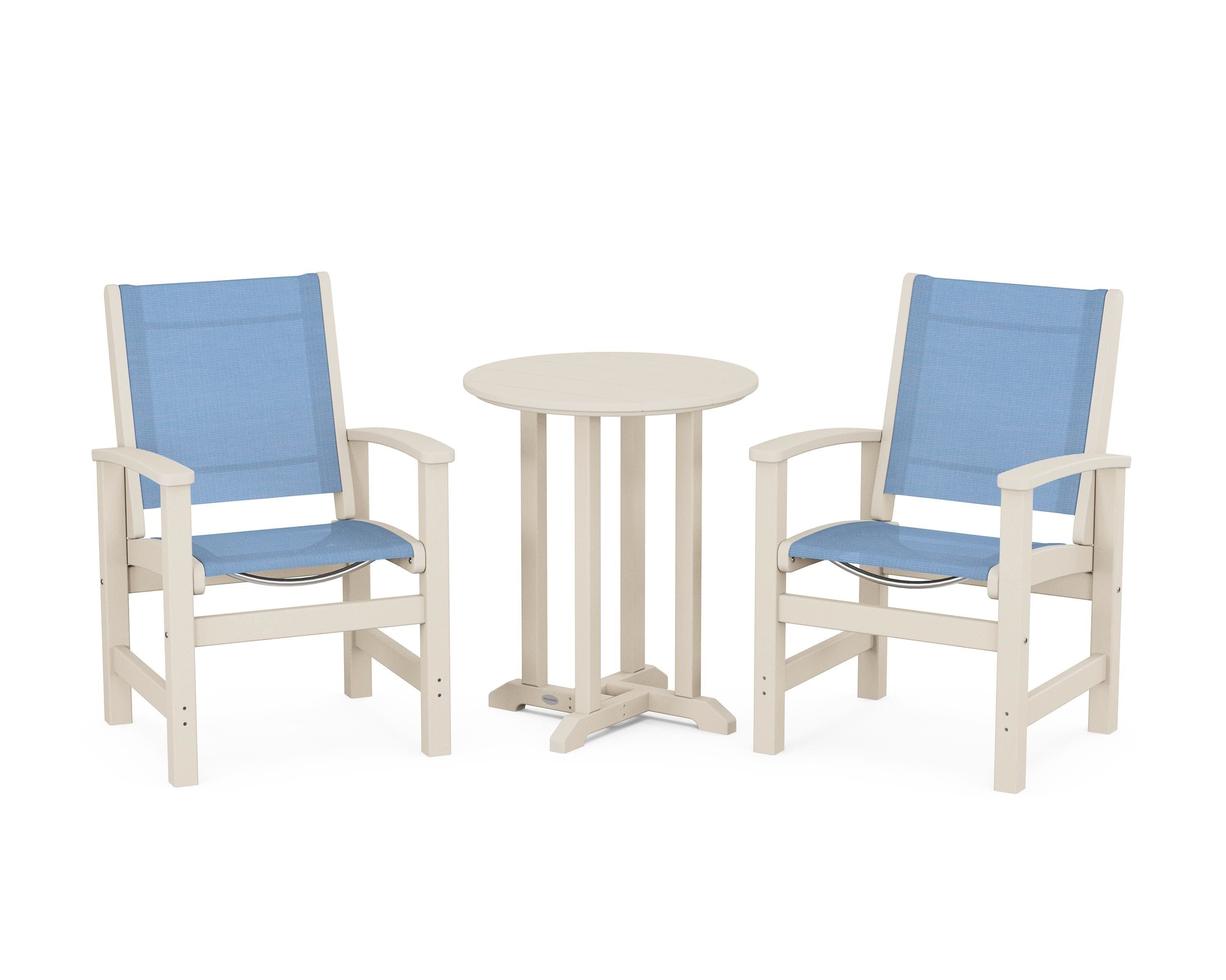 POLYWOOD Coastal 3-Piece Round Bistro Dining Set in Sand / Poolside Sling