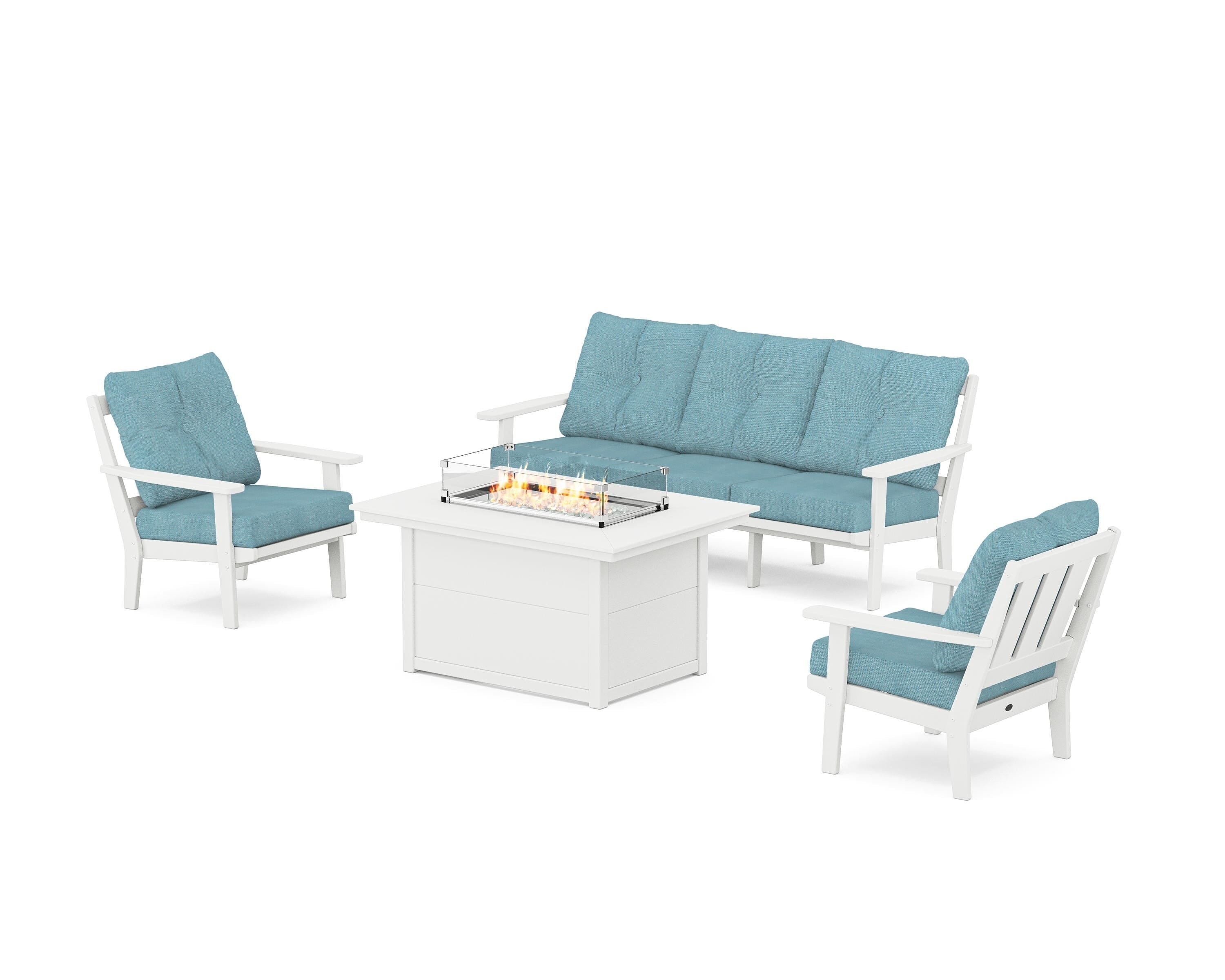 POLYWOOD Oxford Deep Seating Fire Pit Table Set in White / Lattice Sky Blue