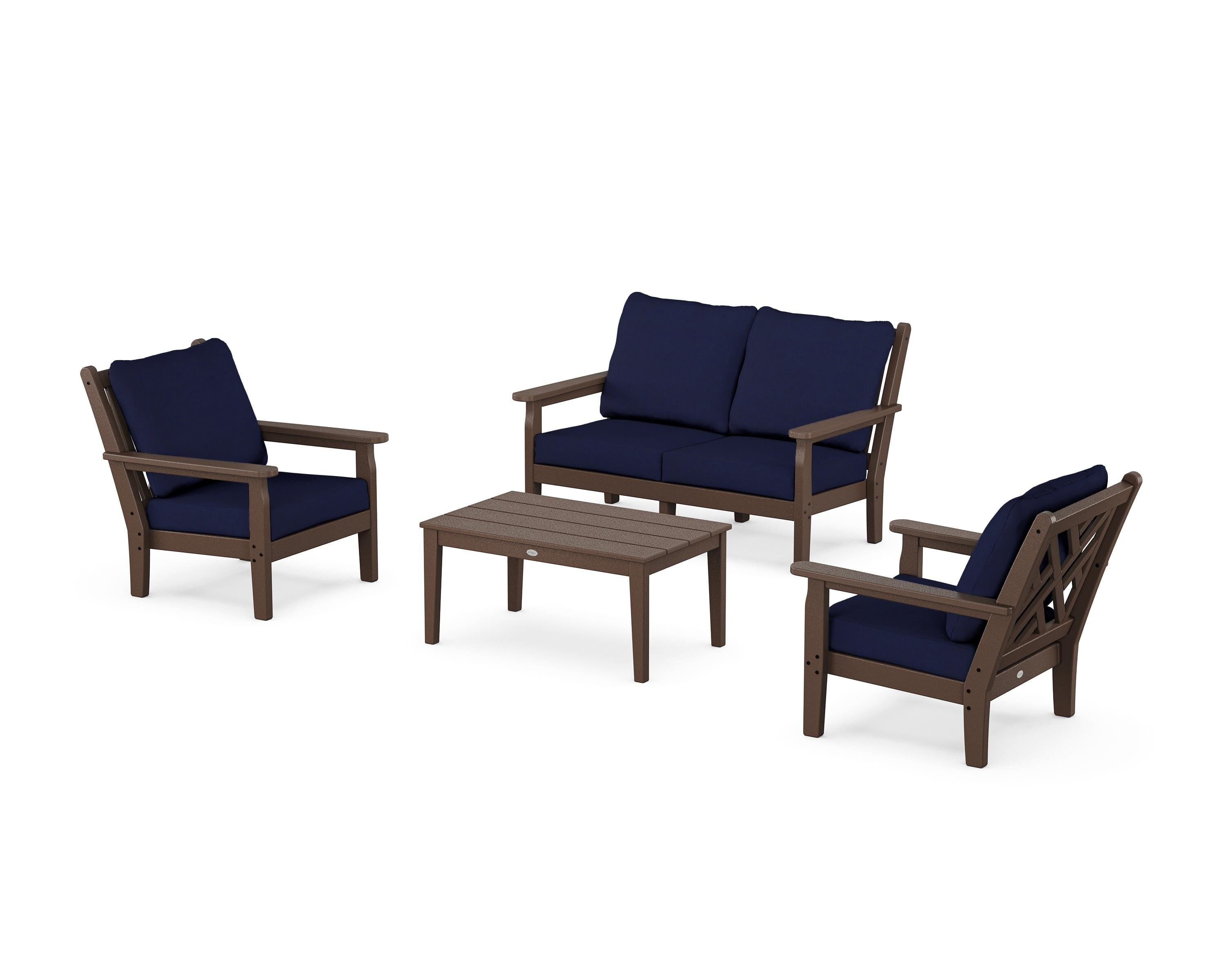 POLYWOOD Chippendale 4-Piece Deep Seating Set with Loveseat in Mahogany / Navy